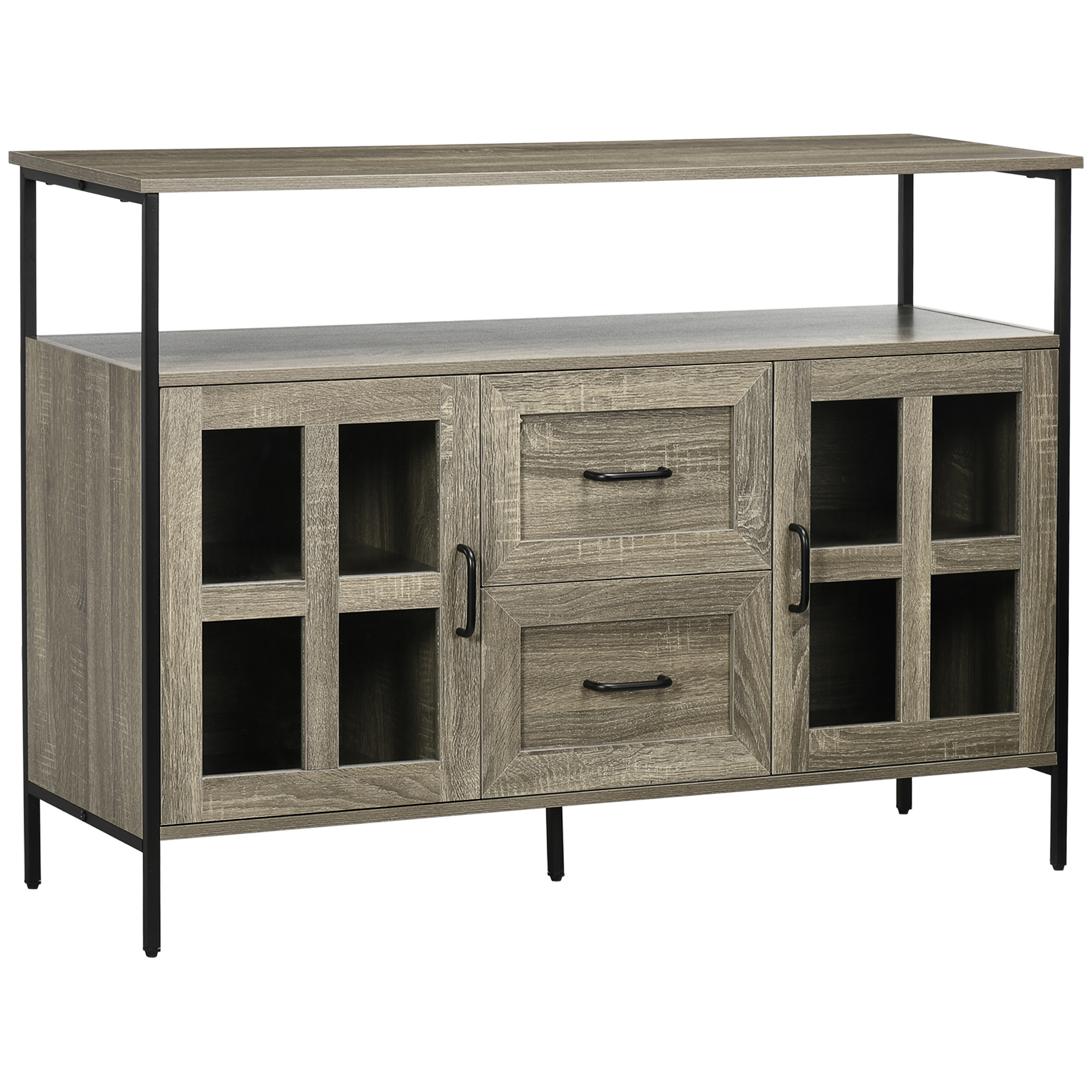 Buffet design industriel 2 portes avec étagère, 2 tiroirs, étagère gris