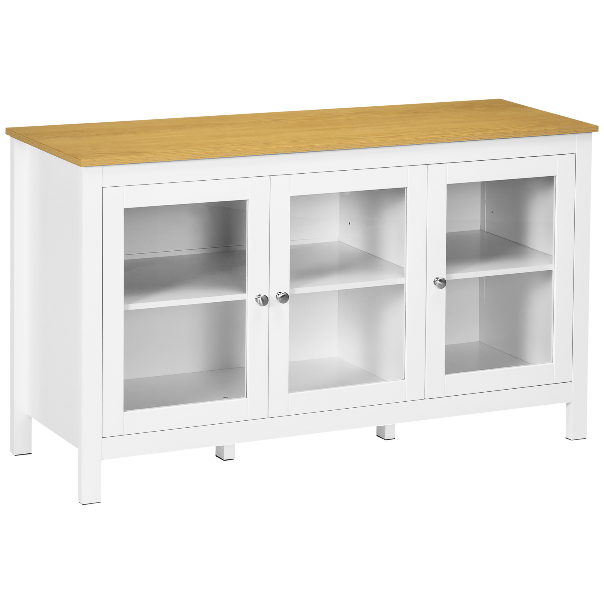 Buffet bas style classique chic – 3 portes verre – blanc aspect bois clair