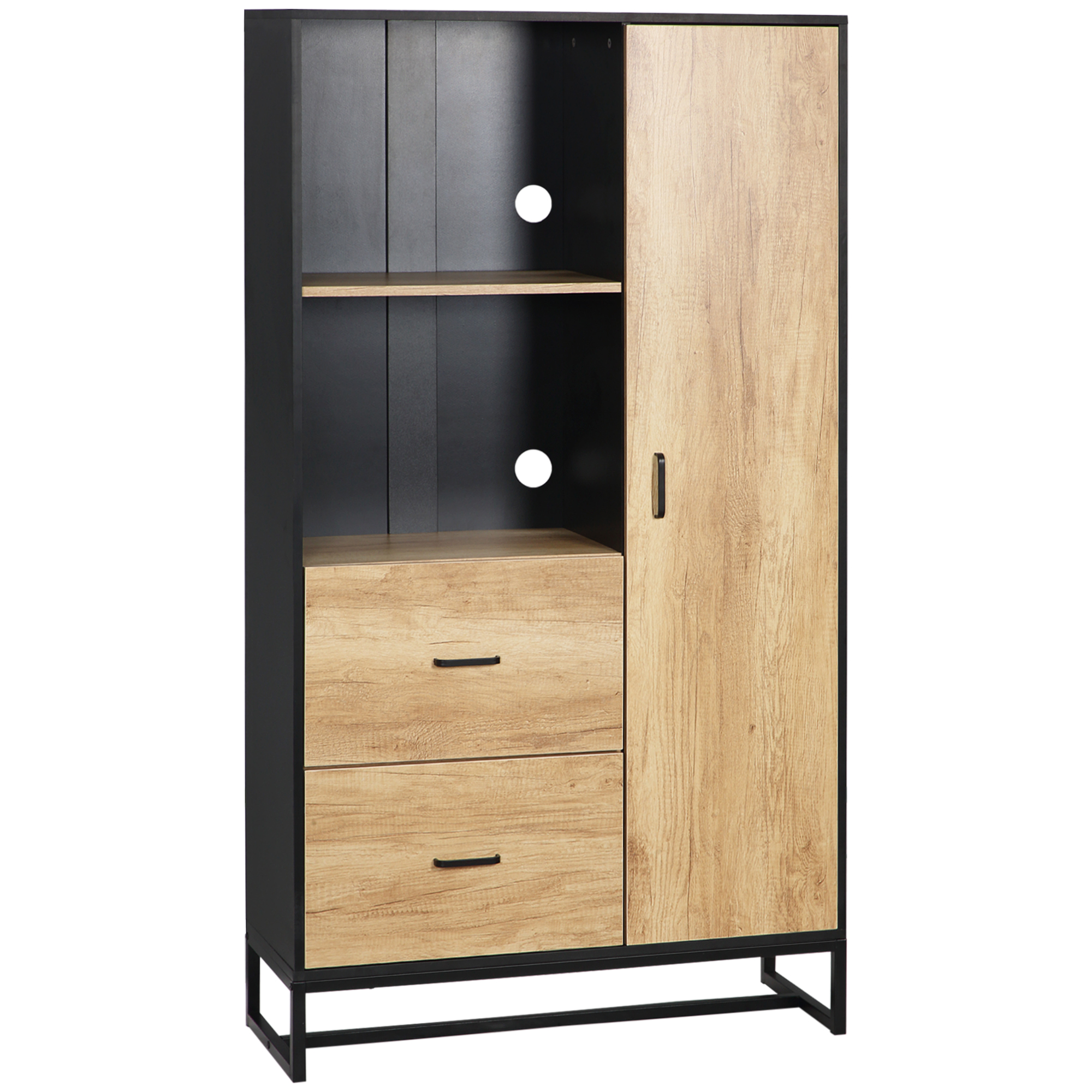 Buffet haut porte 3 étagères 2 tiroirs 2 niches acier noir aspect chêne clair