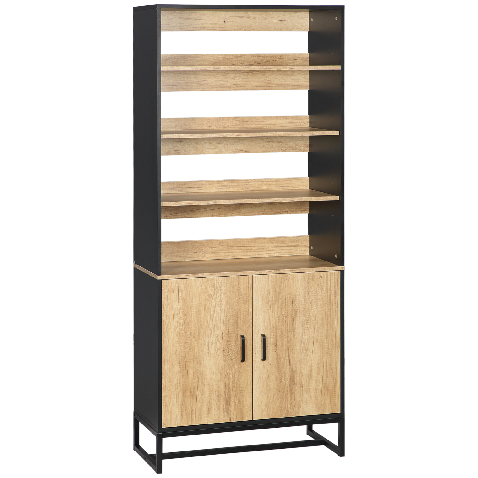 Buffet haut 2 portes total 5 étagères piètement acier noir aspect bois clair