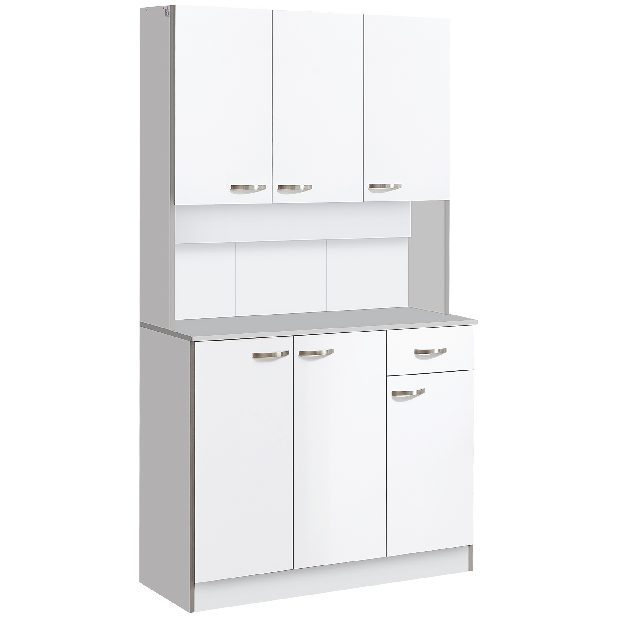 Buffet haut multi-rangement – 6 portes, tiroir, grand plateau – dim. 101L x 39l x 180H cm – panneaux particules blanc gris