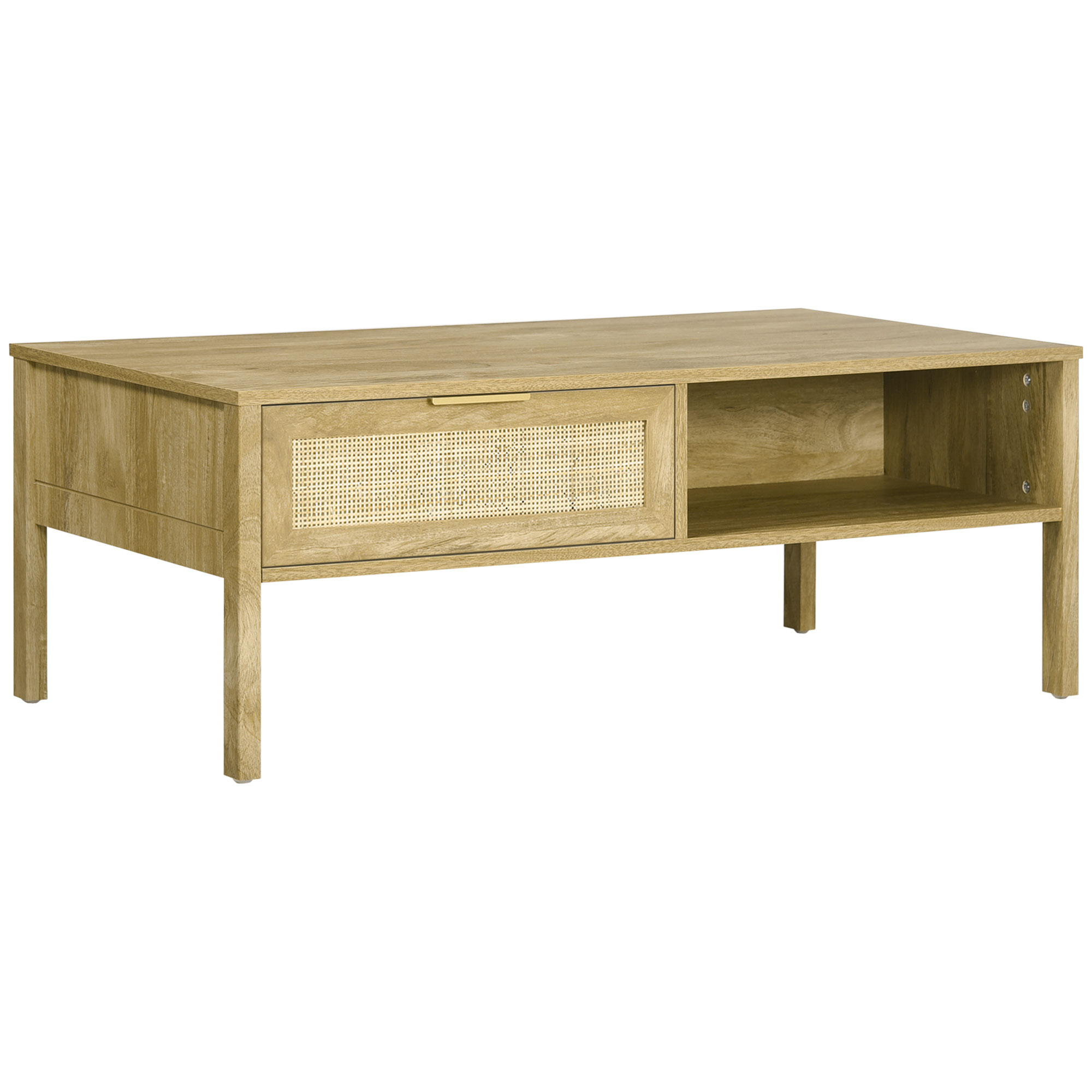 Table basse style bohème chic – tiroir, 2 niches – cannage rotin aspect bois clair