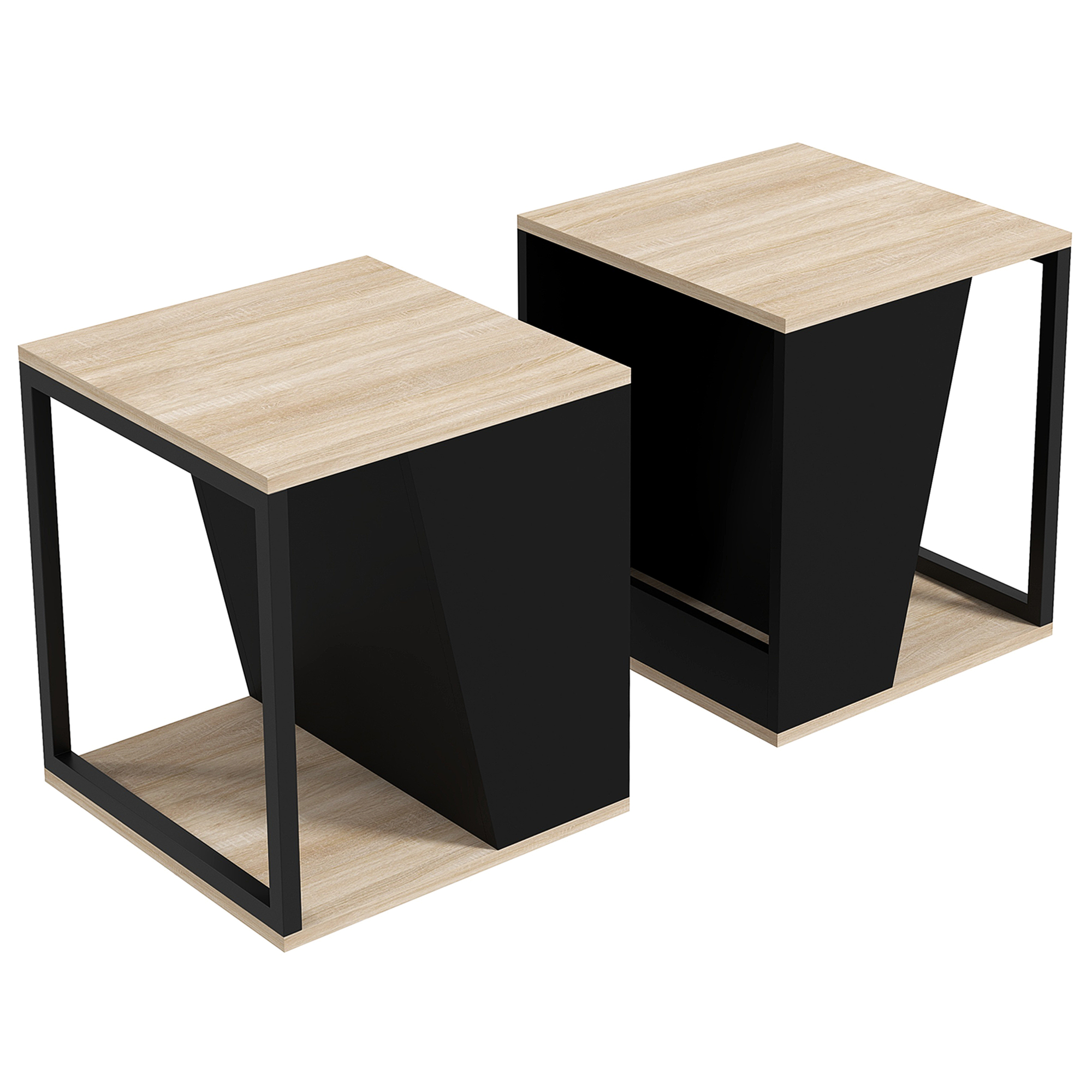 Lot de 2 bouts de canapé design acier panneaux noir aspect chêne clair