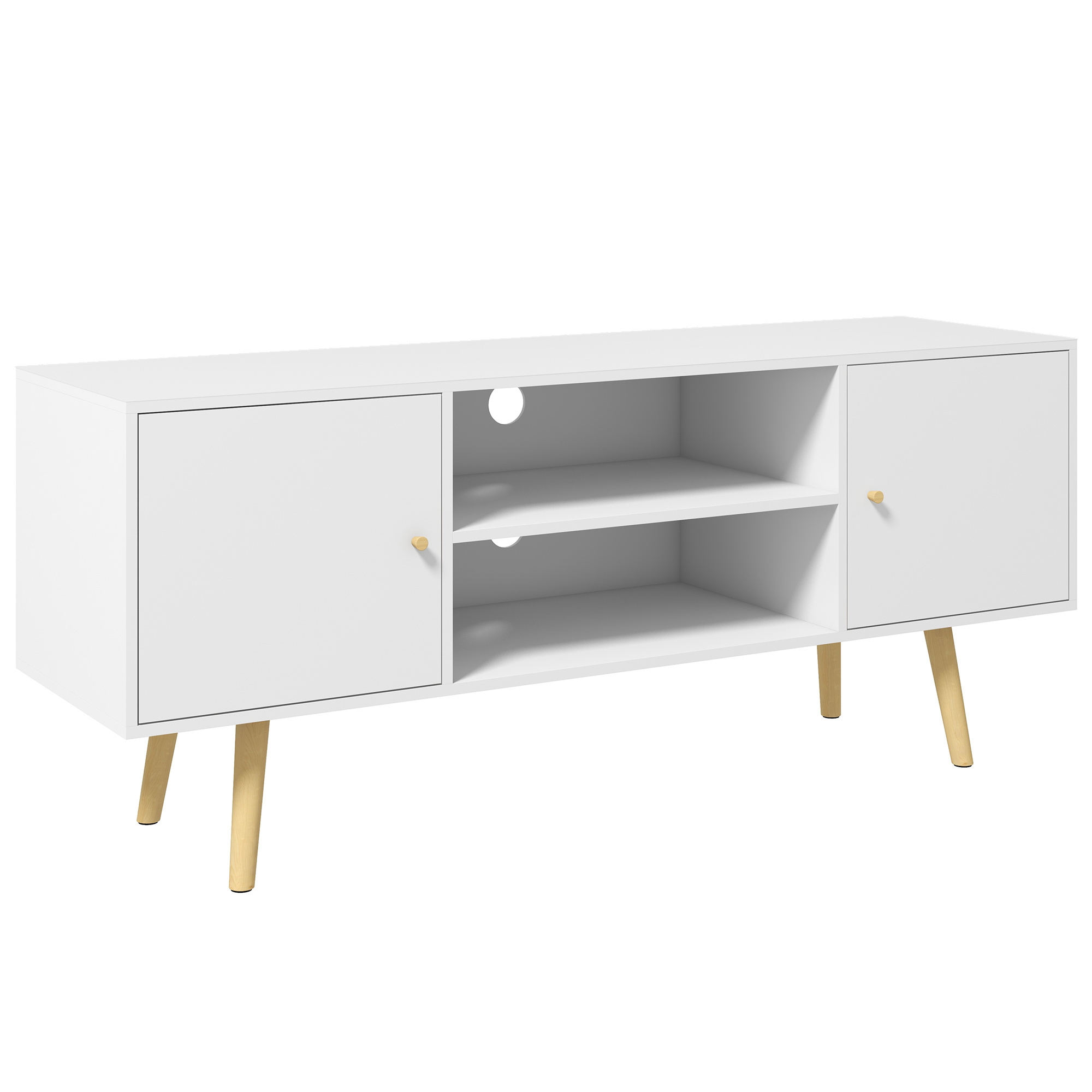 Meuble TV style scandinave 2 portes 2 niches bois pin panneaux blanc