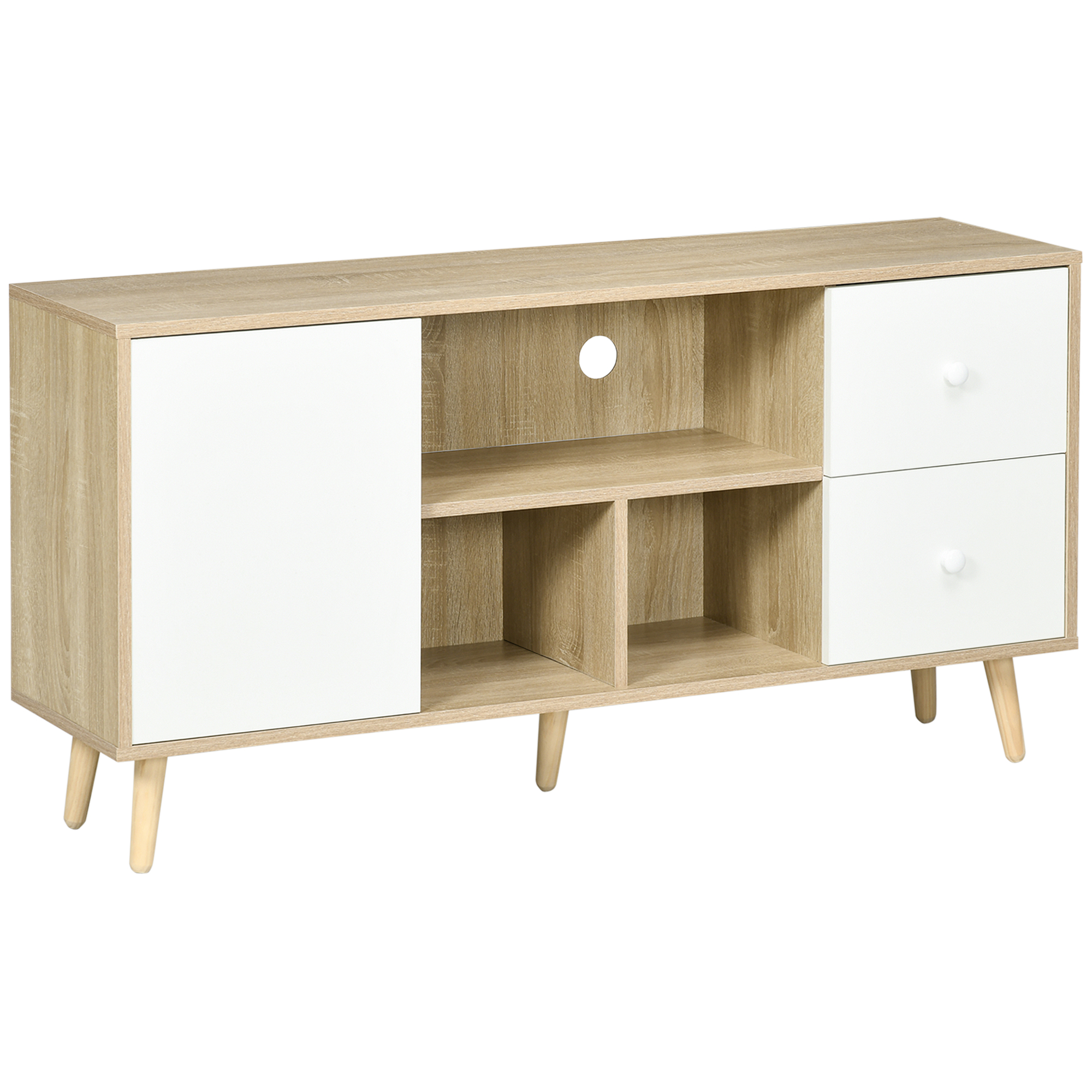 Meuble TV scandinave porte 3 niches 2 tiroirs bois clair blanc