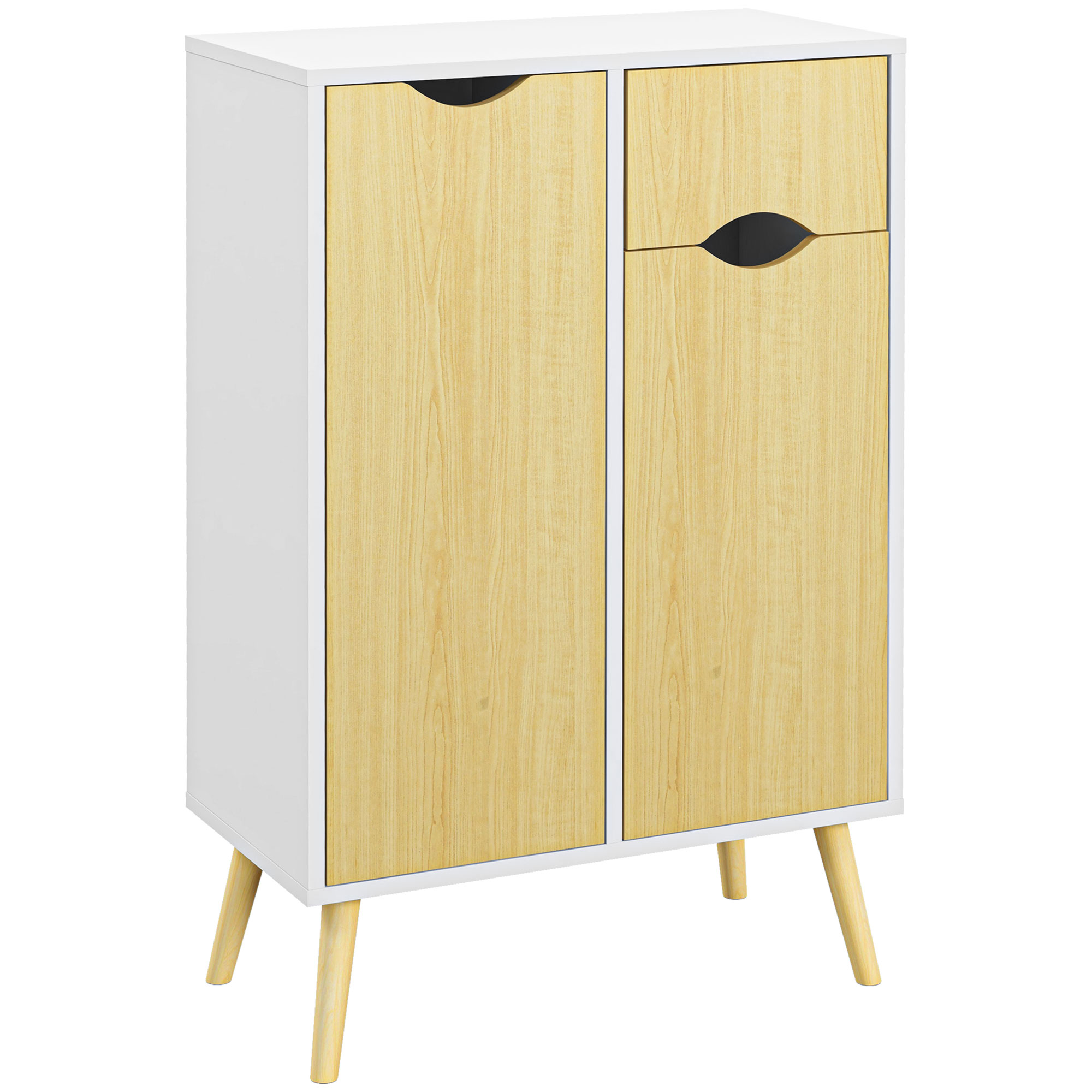 Buffet meuble de rangement design scandinave – 2 portes, 3 étagères, tiroir – piètement pin panneaux blanc aspect bois clair