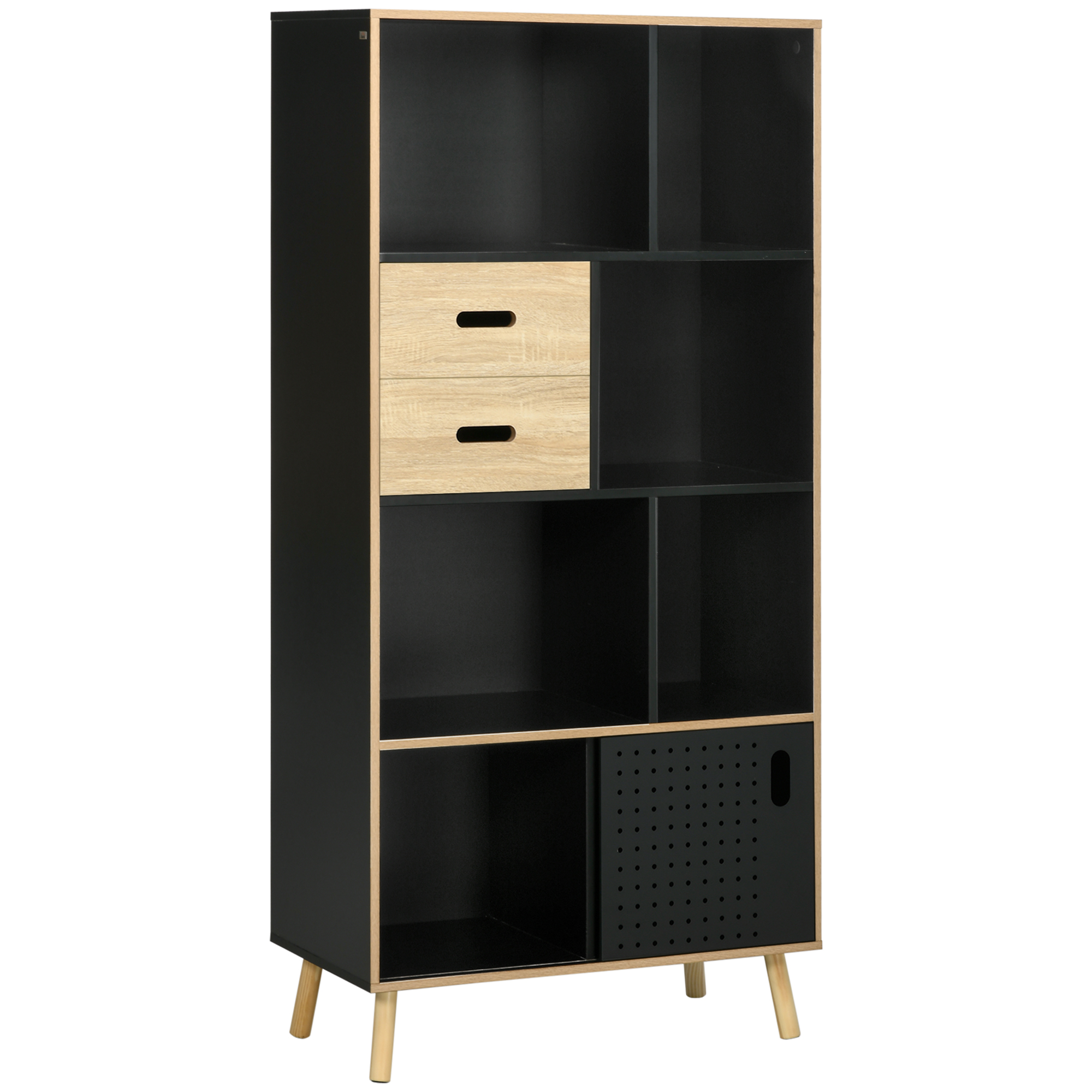 Bibliothèque design porte coulissante métal, 7 niches, 2 tiroirs noir bois clair