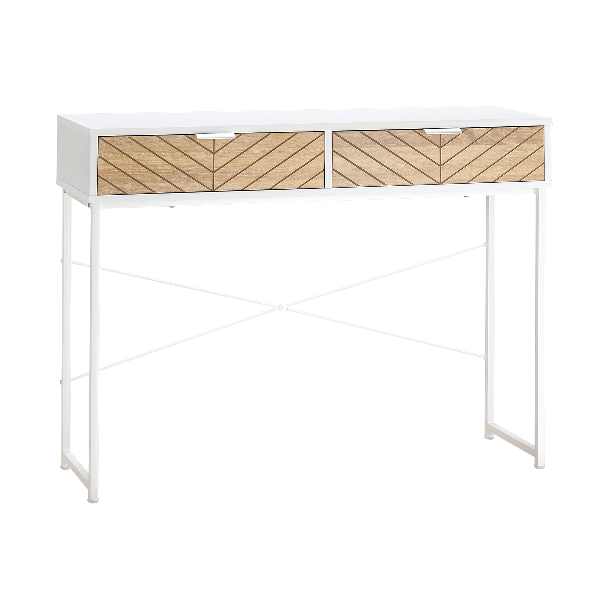 Console style industriel 2 tiroirs aspect chêne clair métal blanc