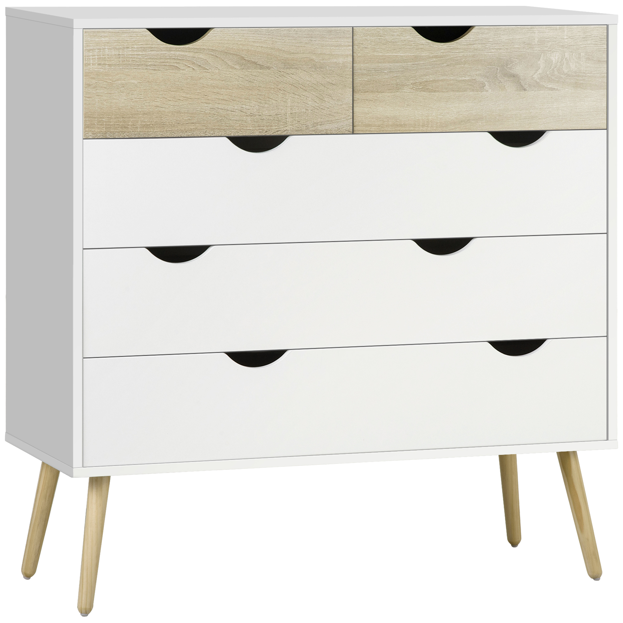 Commode 5 tiroirs design scandinave blanc aspect chêne clair