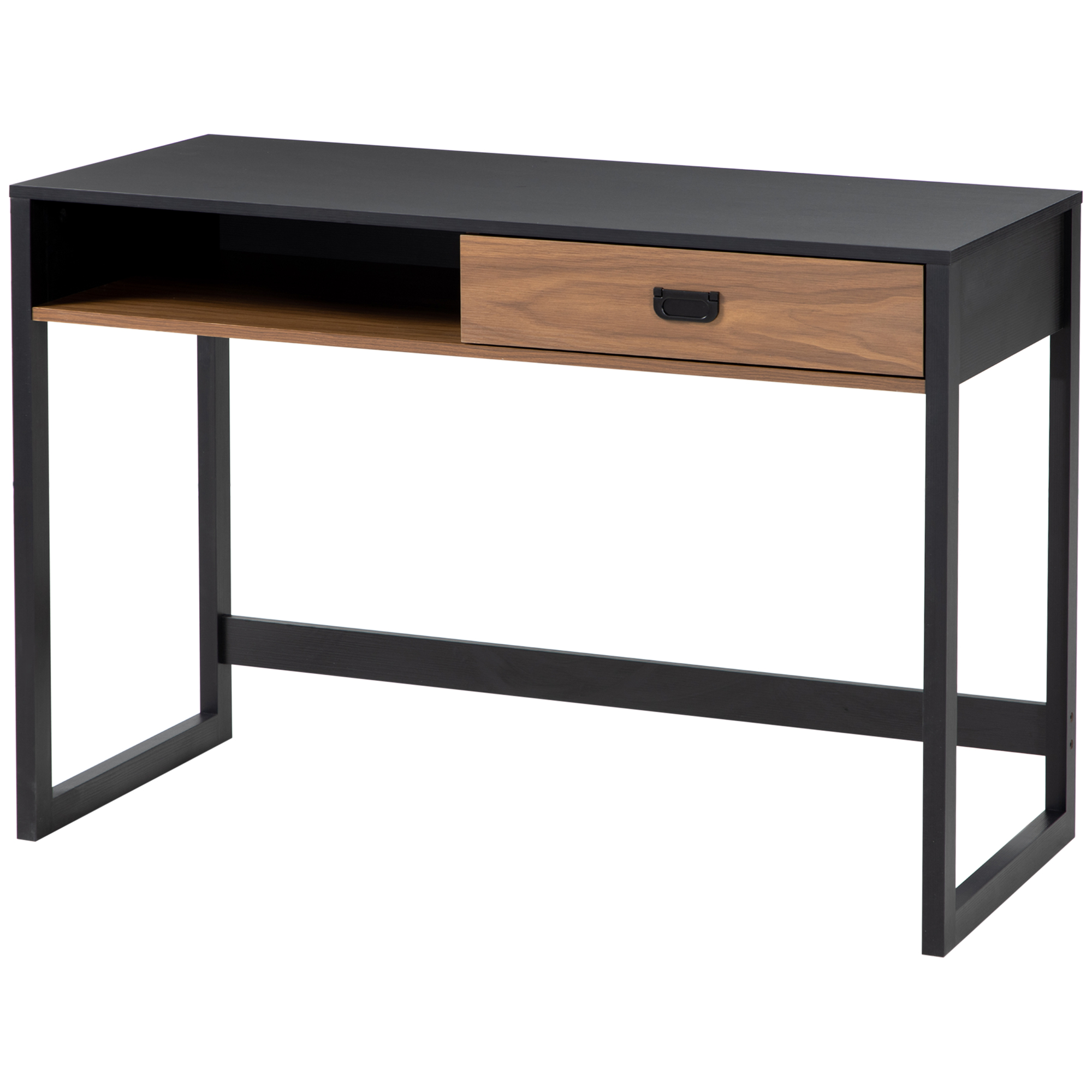 Bureau style industriel casier tiroir panneaux noir aspect noyer