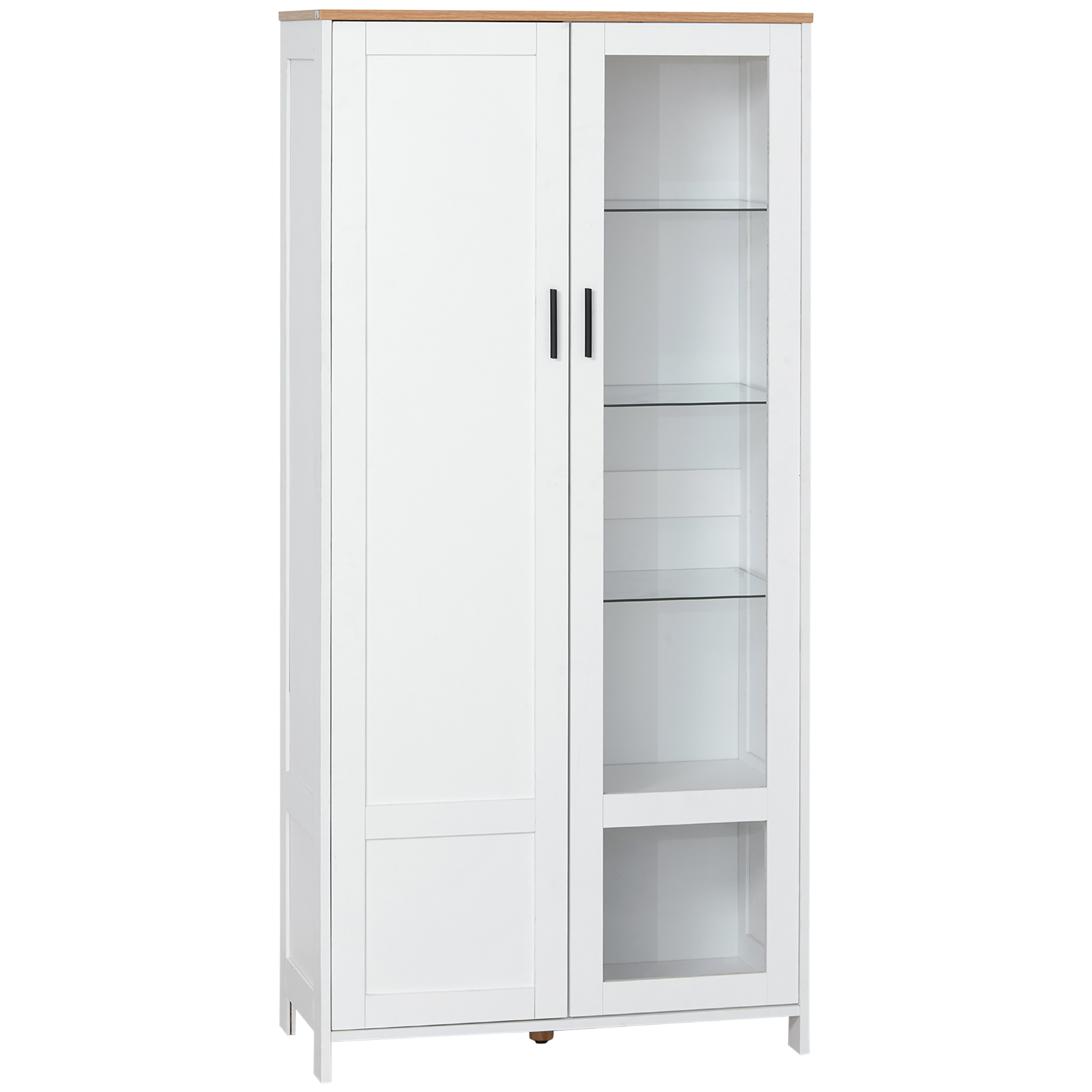 Armoire de rangement 2 portes 7 étagères blanc aspect chêne clair verre