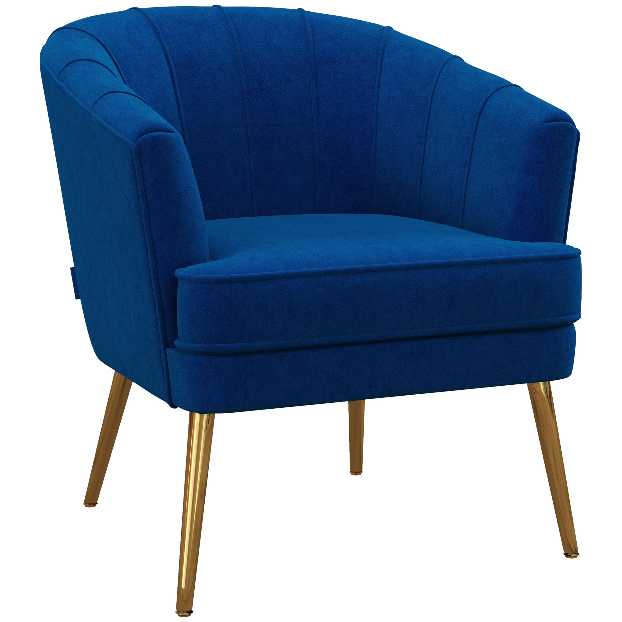 Fauteuil design coquillage piètement doré effilé velours bleu roi