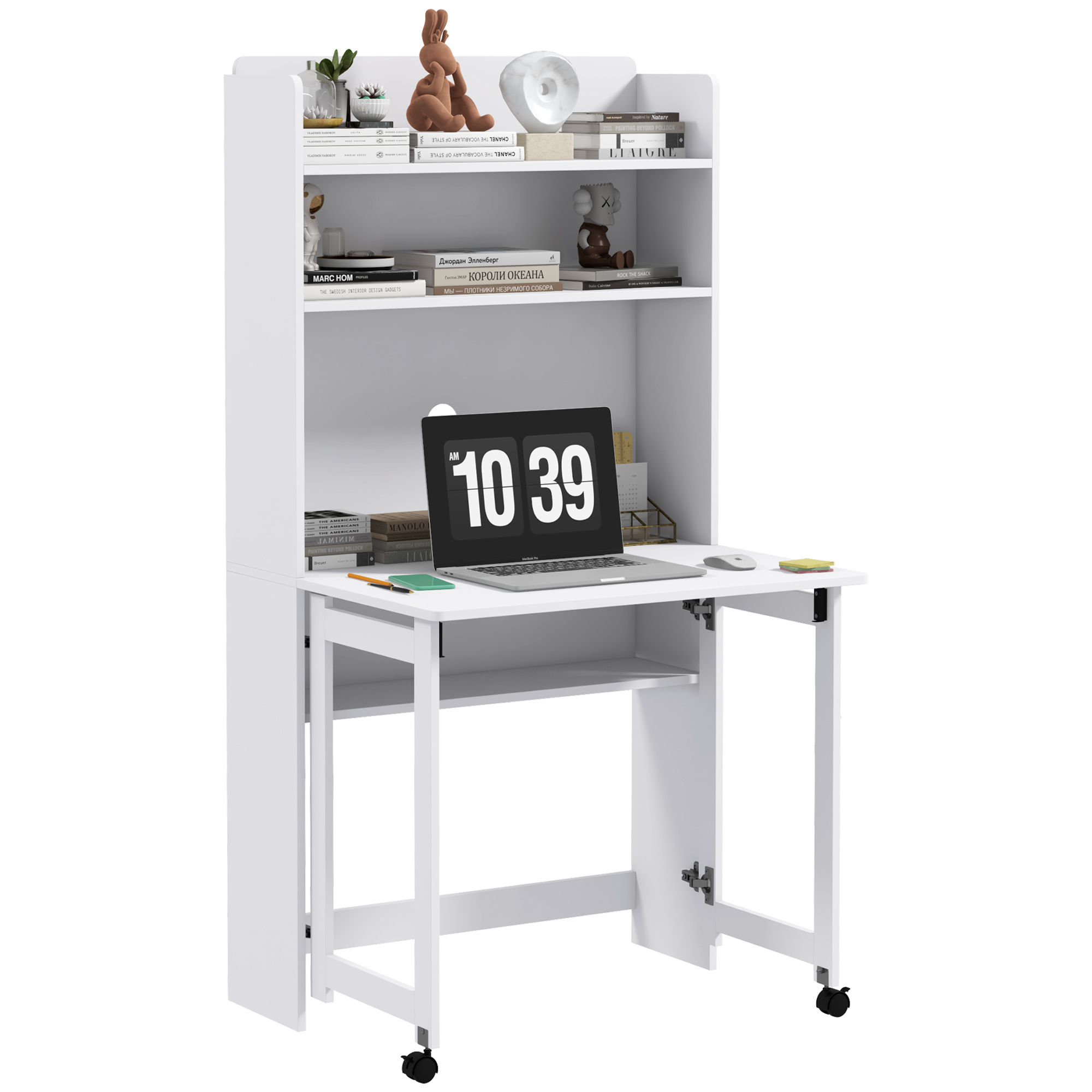 Bureau mural pliable bibliothèque 2 en 1 avec 3 étagères MDF blanc