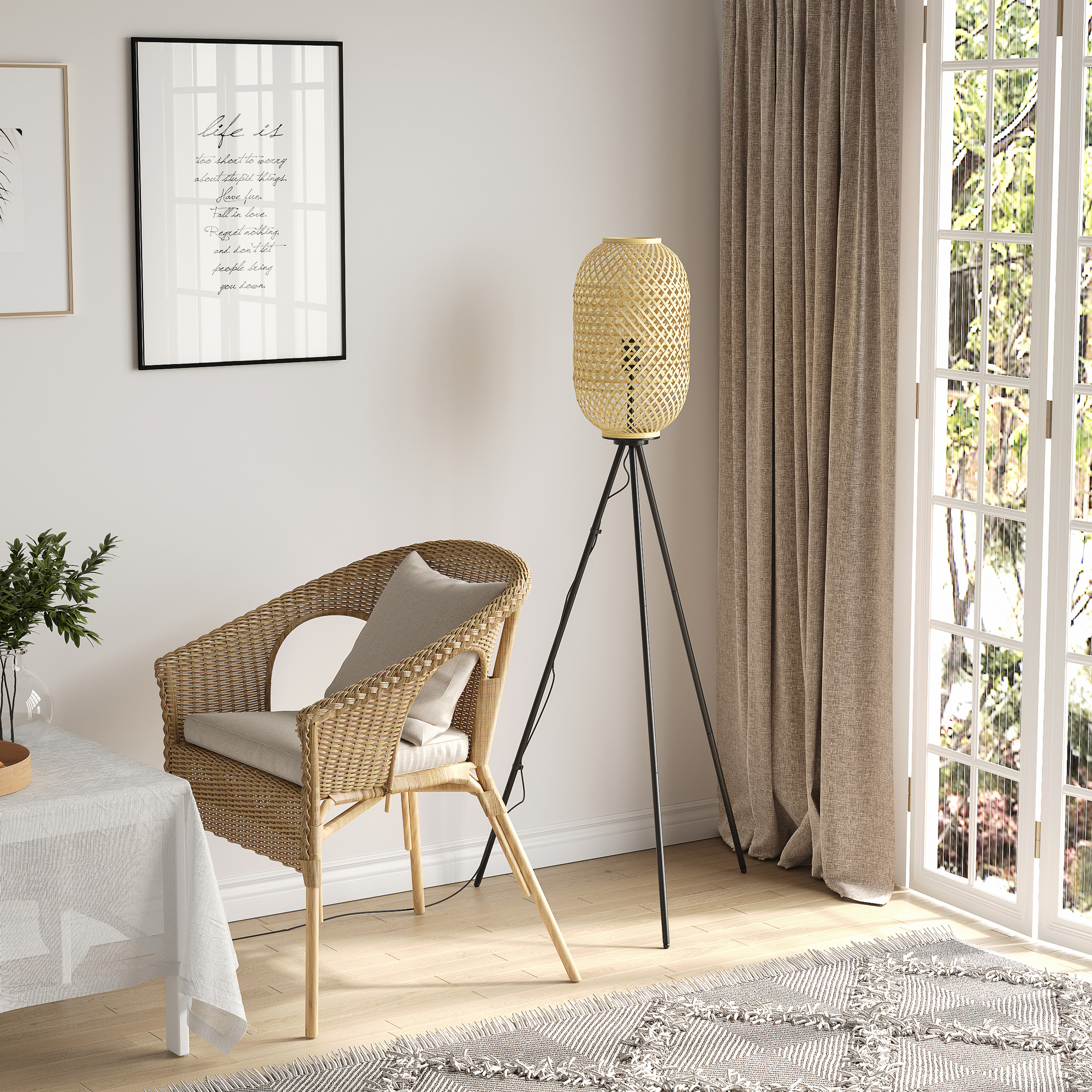 Lampadaire trépied cannage bambou style cosy H.152H cm