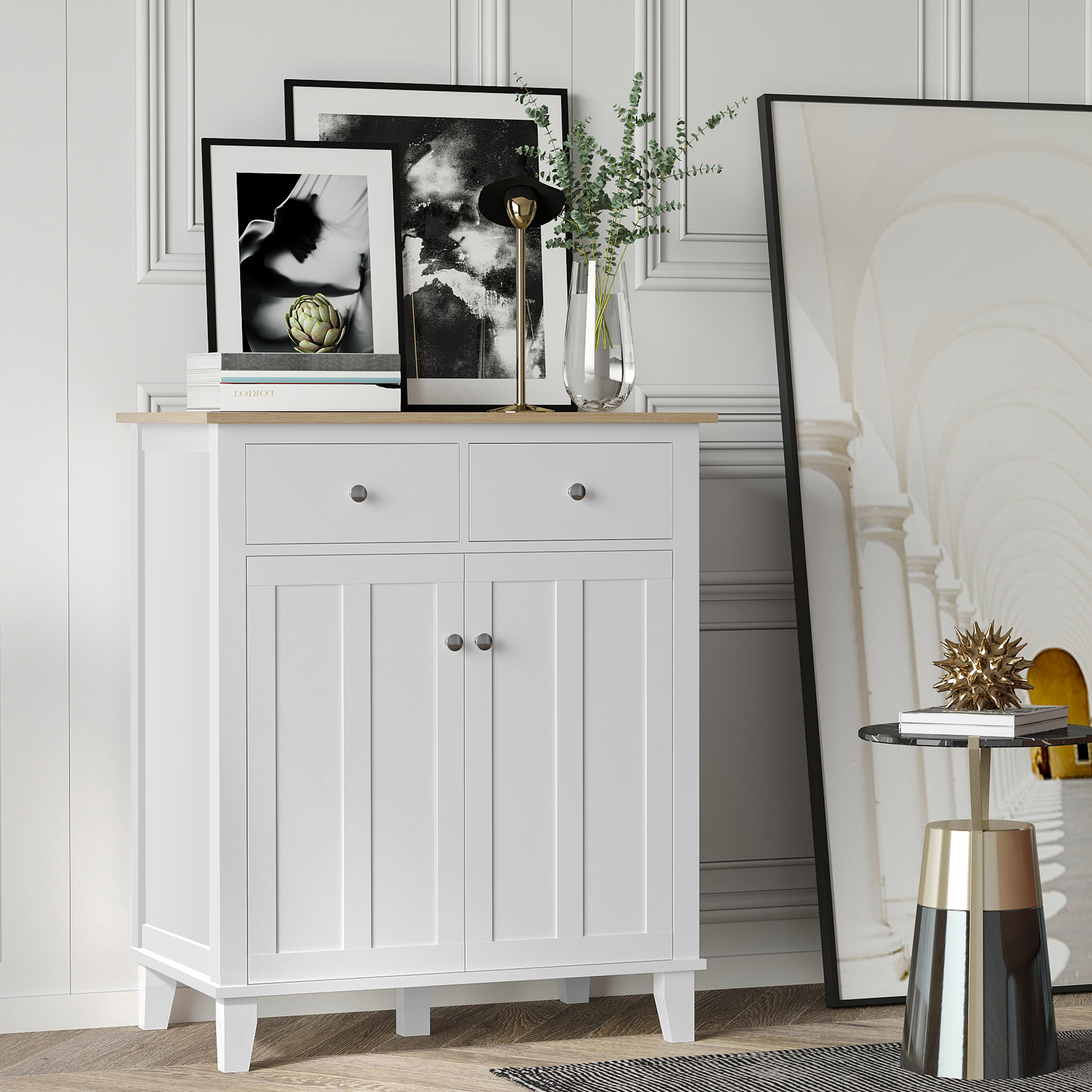 Buffet 2 portes 2 tiroirs coulissants blanc aspect bois clair