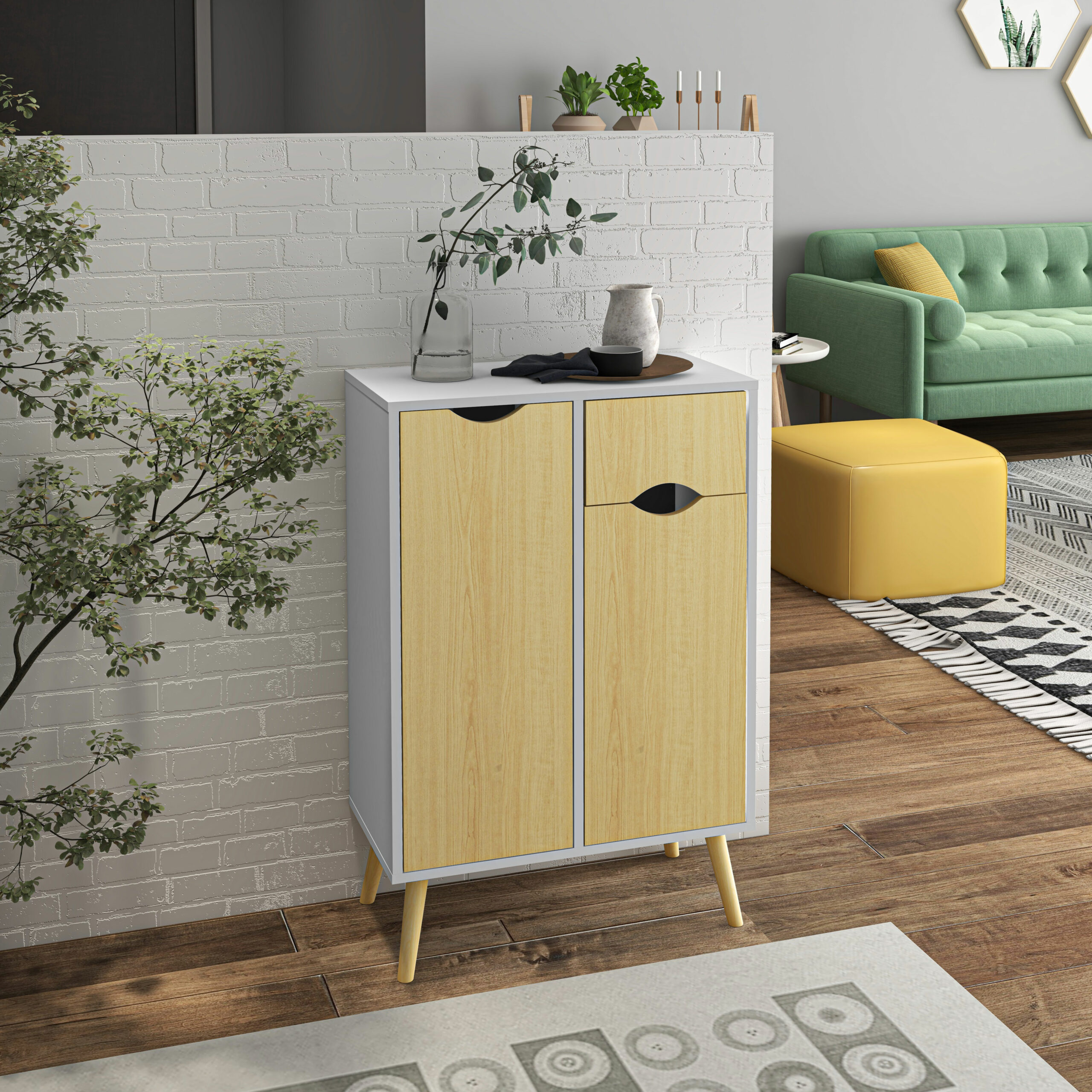 Buffet meuble de rangement design scandinave – 2 portes, 3 étagères, tiroir – piètement pin panneaux blanc aspect bois clair