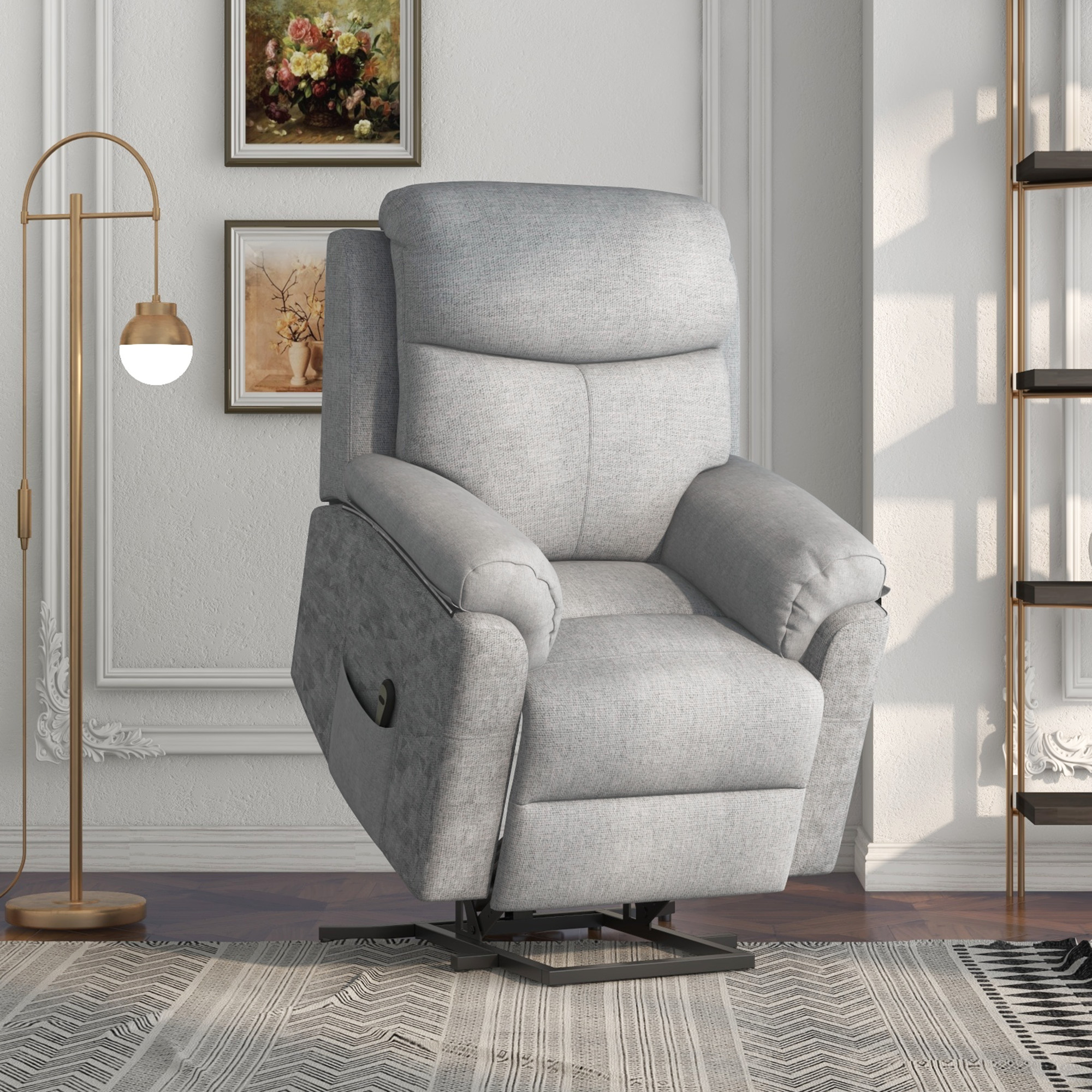 Fauteuil de massage releveur électrique – fauteuil inclinable avec repose-pied ajustable, télécommande – tissu aspect lin gris