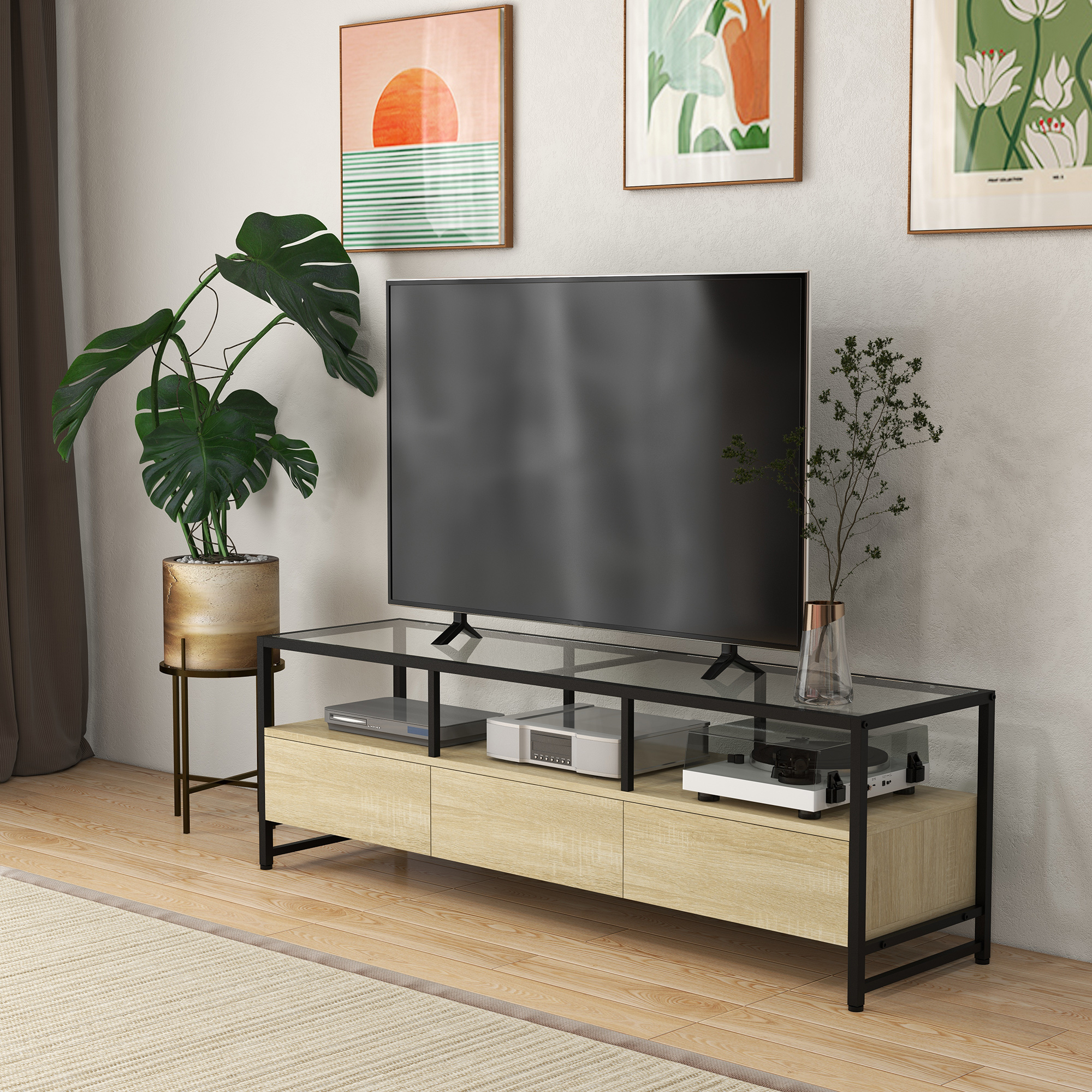 Meuble TV style contemporain acier noir aspect chêne clair