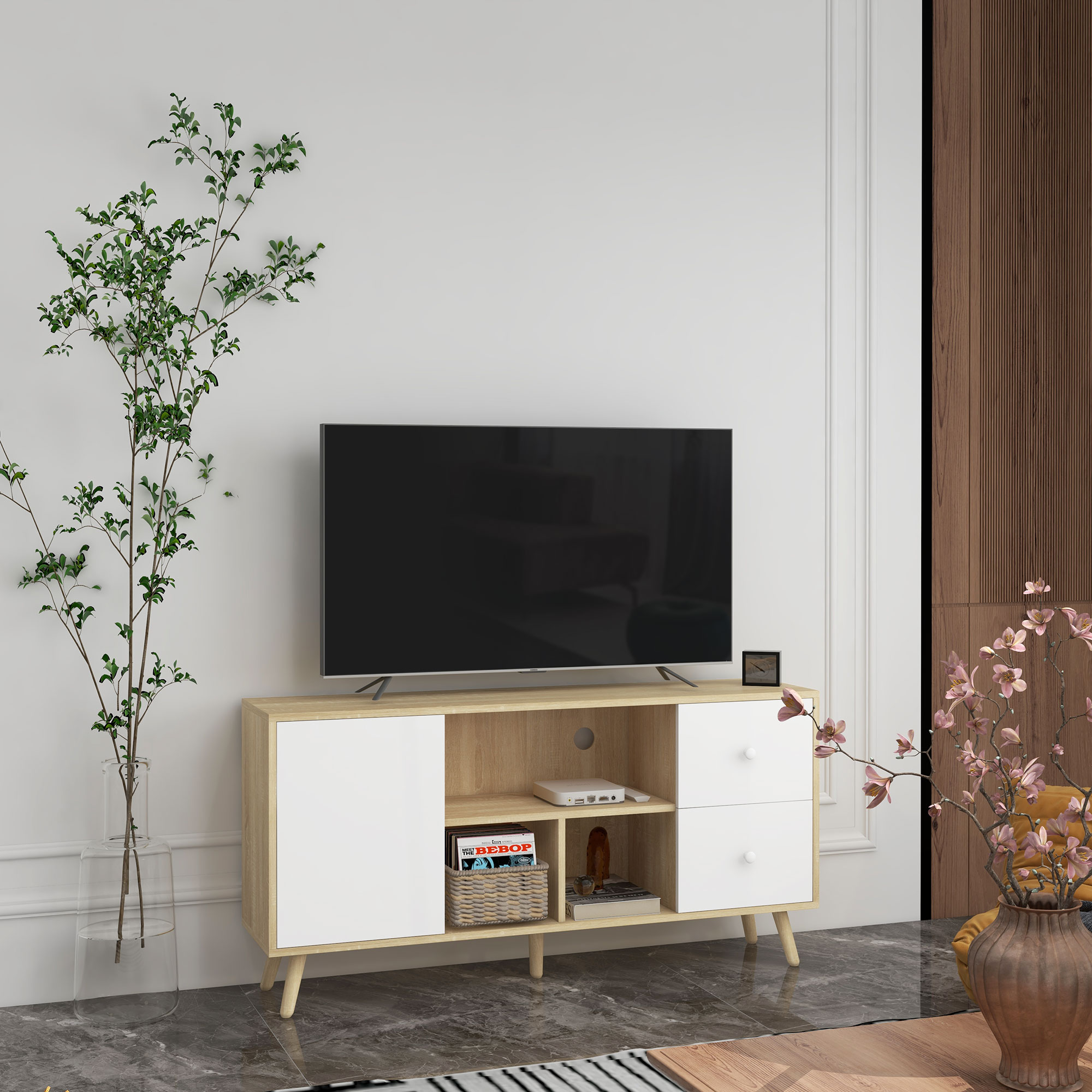 Meuble TV scandinave porte 3 niches 2 tiroirs bois clair blanc