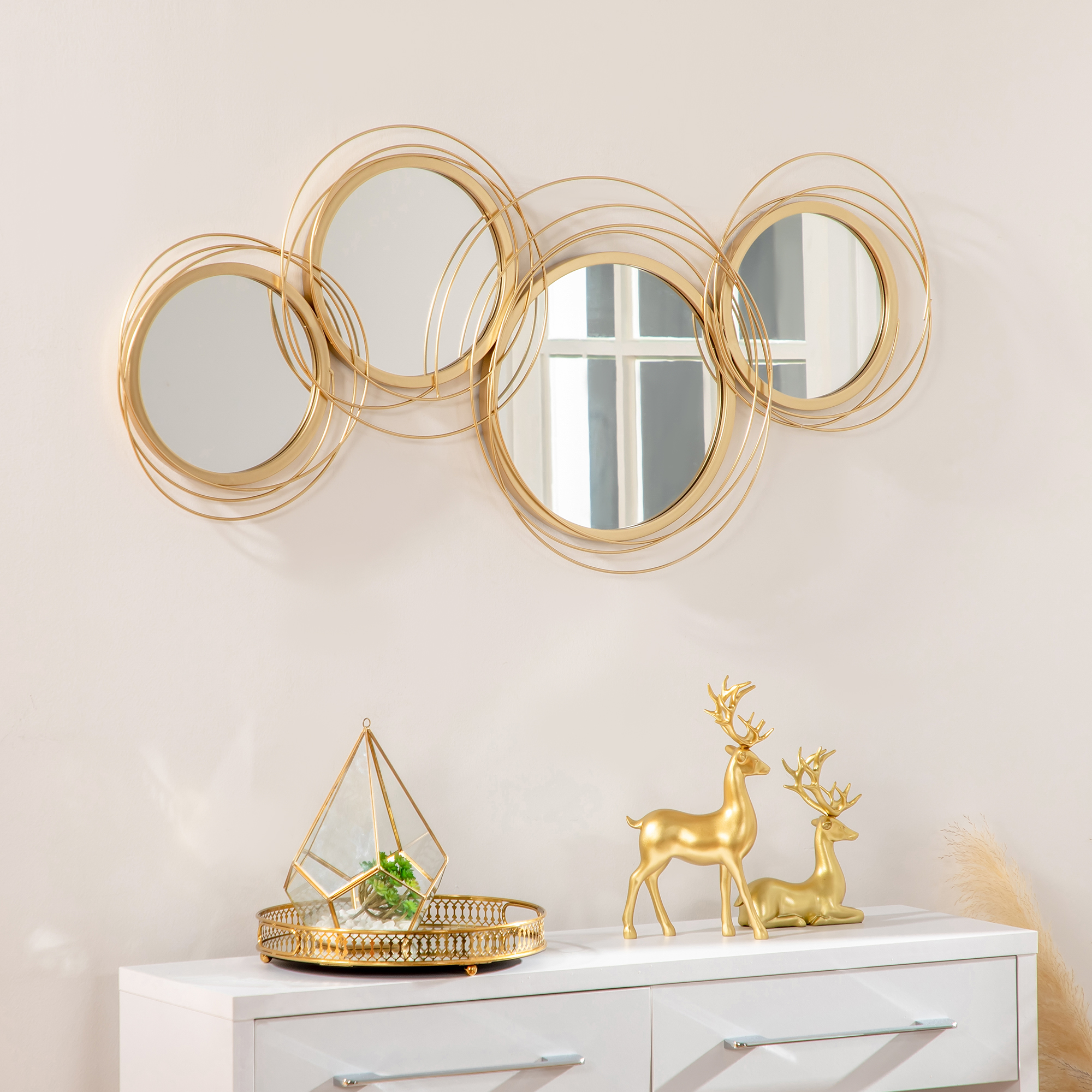 Lot de 4 miroirs ronds muraux Ø 30, 24, 21 cm métal doré