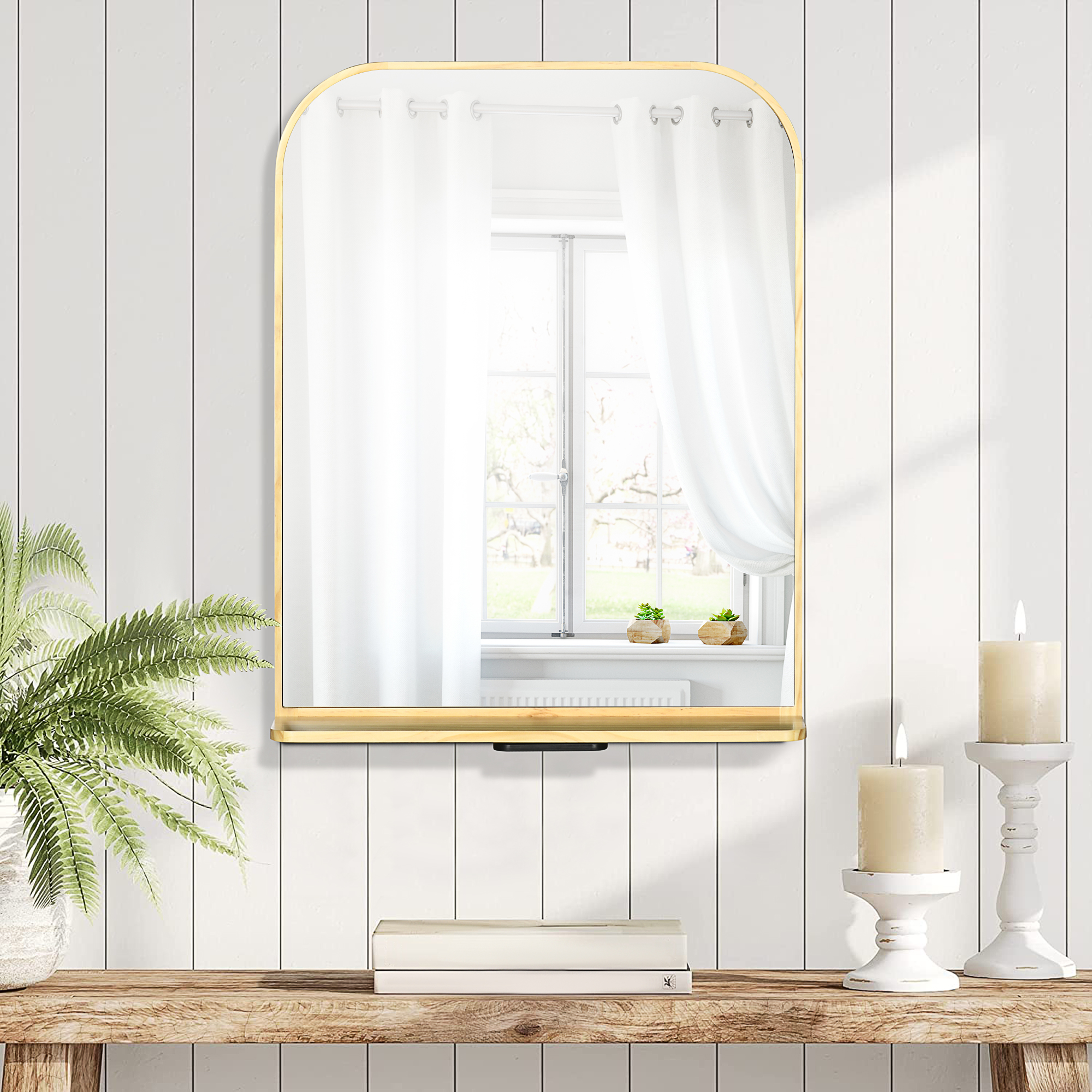 Miroir mural avec étagère en bois de pin 56 x 71,6 x 12 cm