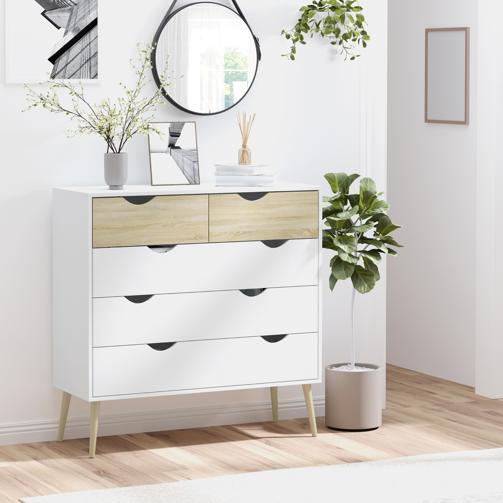 Commode 5 tiroirs design scandinave blanc aspect chêne clair