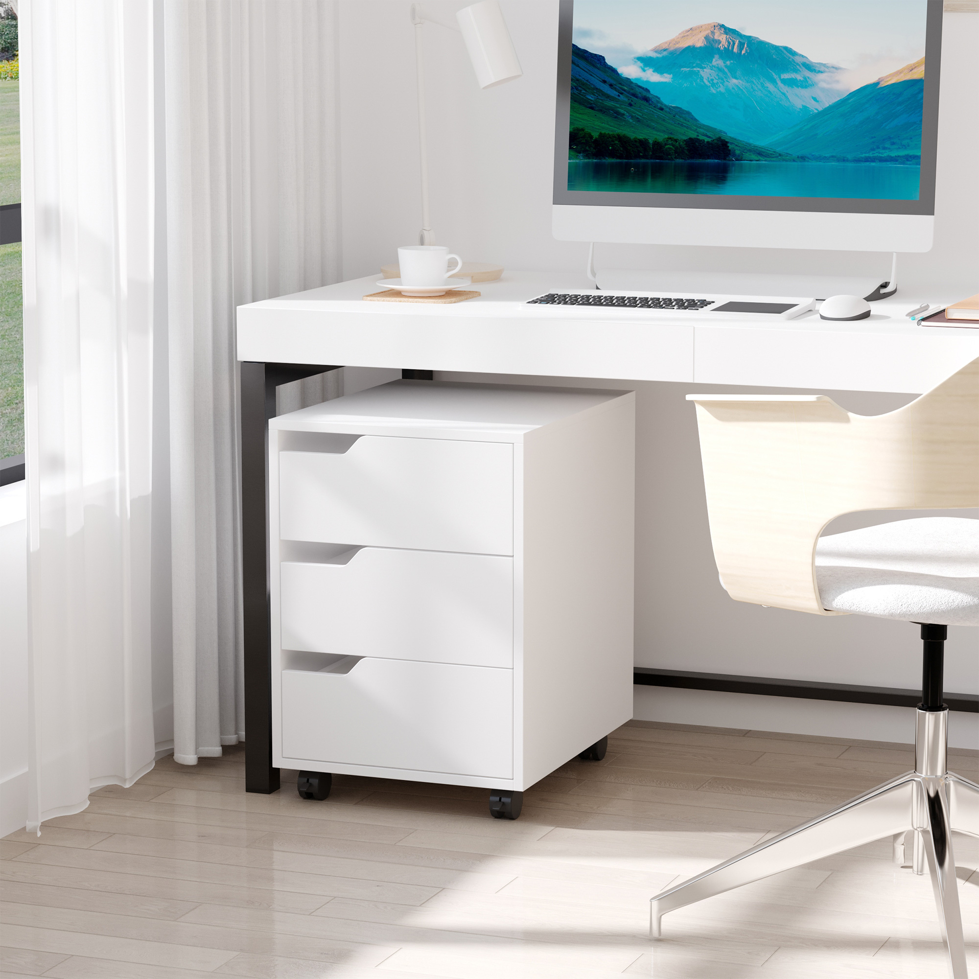 Caisson de bureau rangement sur roulettes 3 tiroirs blanc