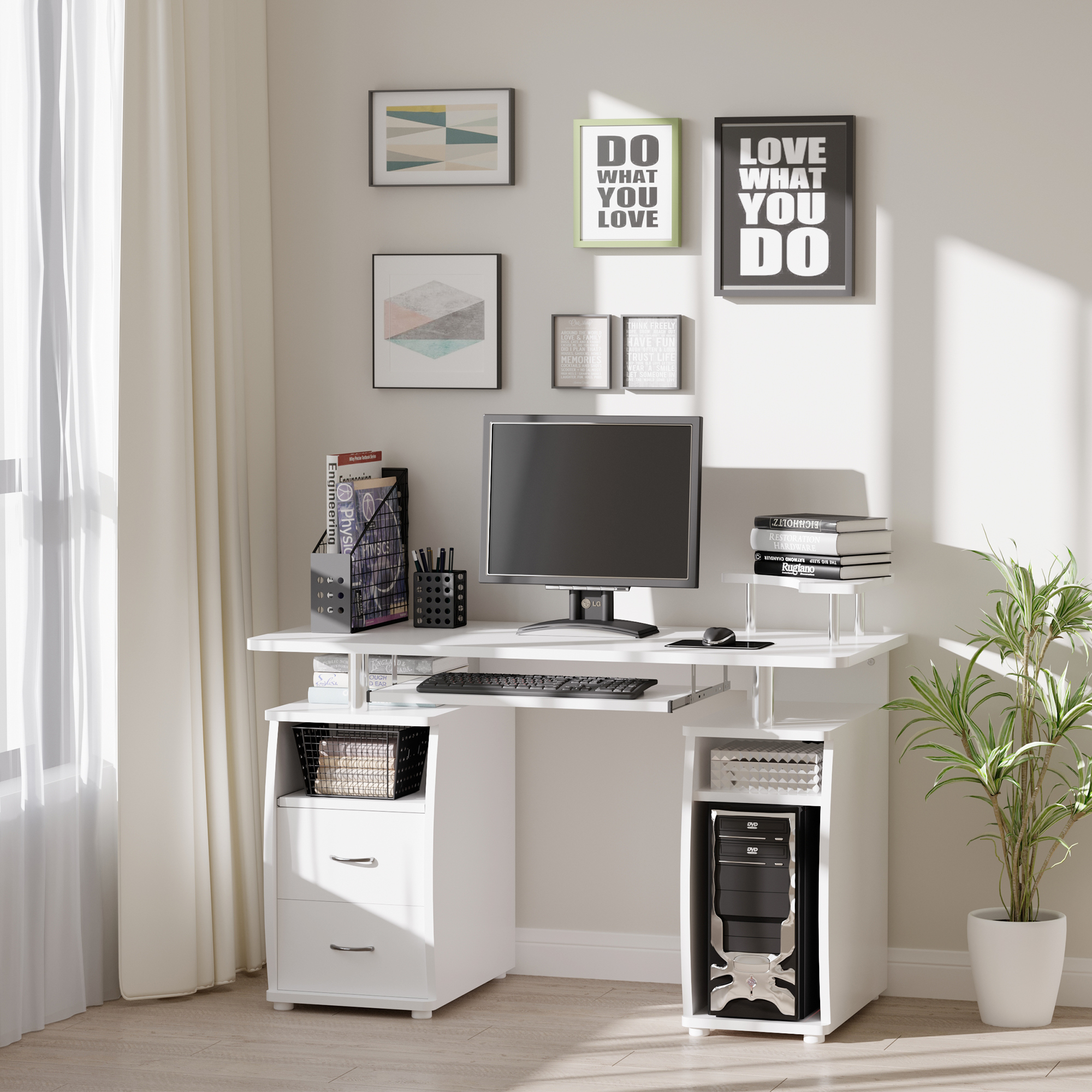 Bureau informatique multimédia multi-rangements 120L x 55l x 85H cm panneaux particules blanc