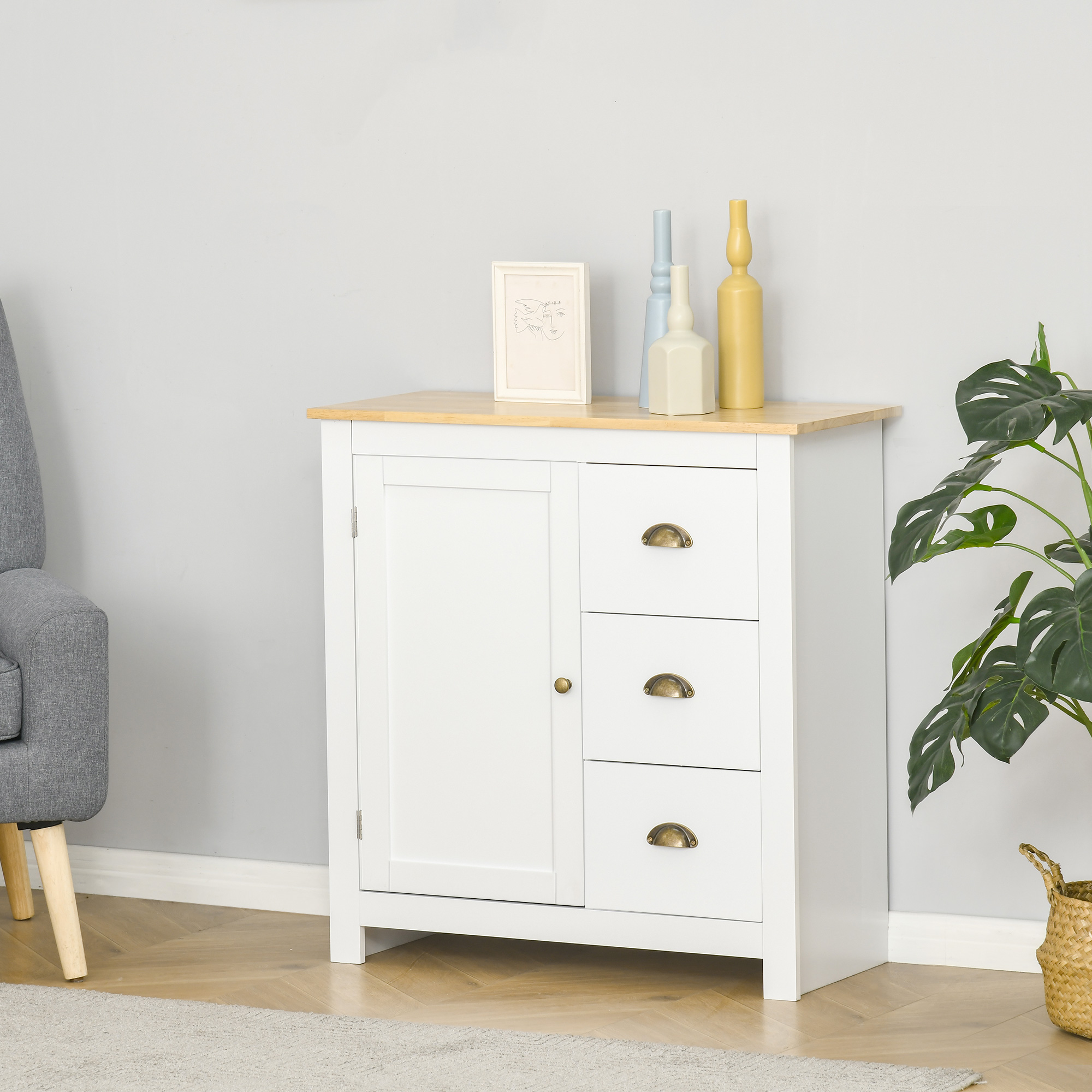 Commode 3 tiroirs une porte design néo-rétro blanc bois hévéa