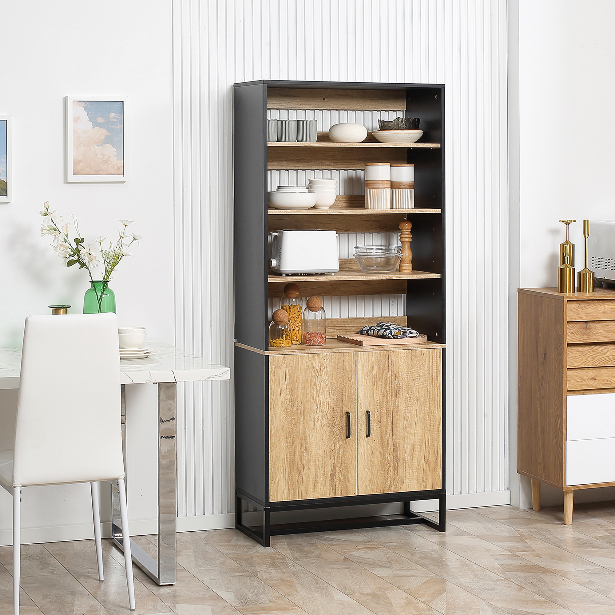 Buffet haut 2 portes total 5 étagères piètement acier noir aspect bois clair