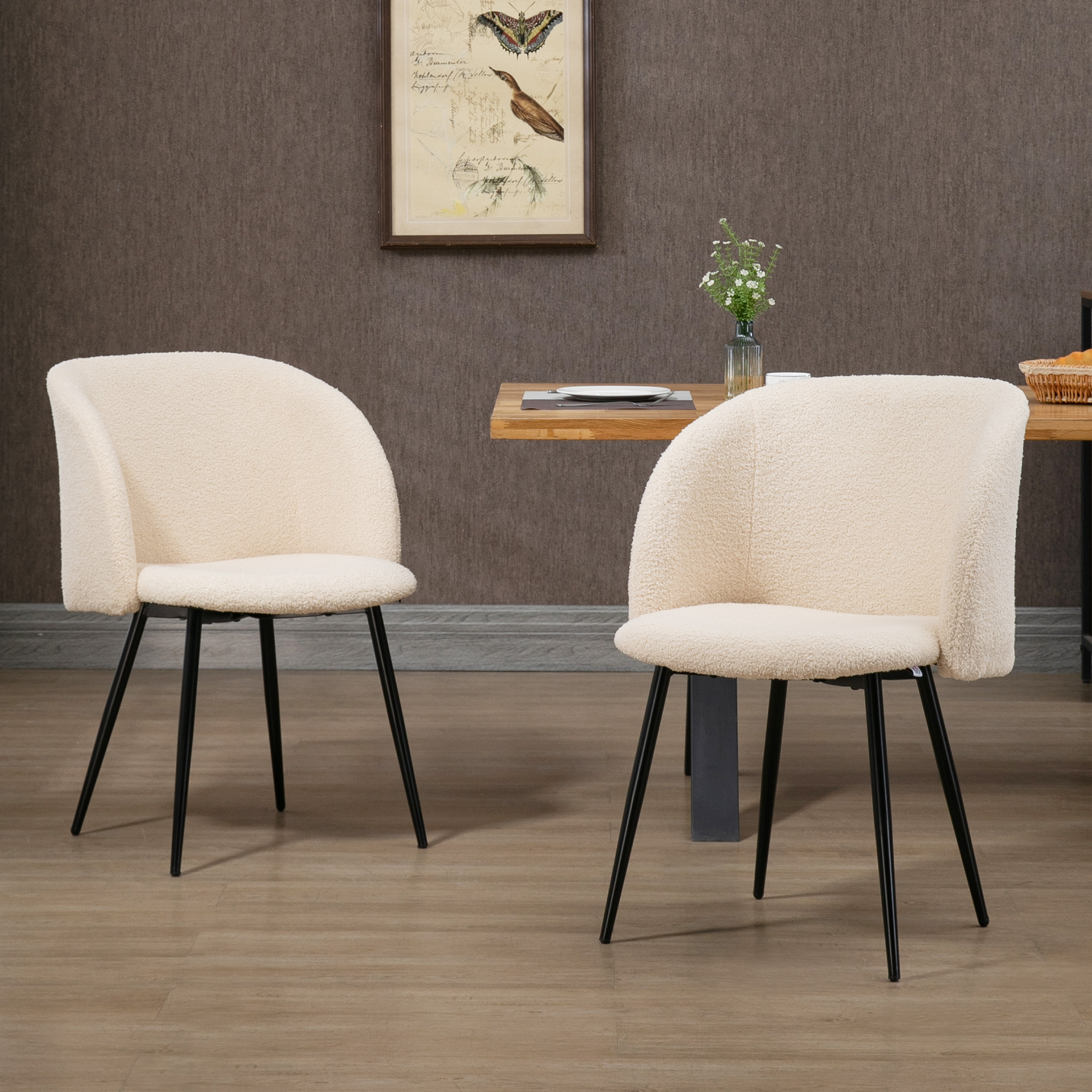 Chaises de visiteur design – lot de 2 chaises – piètement incliné effilé acier noir – revêtement effet laine bouclée beige