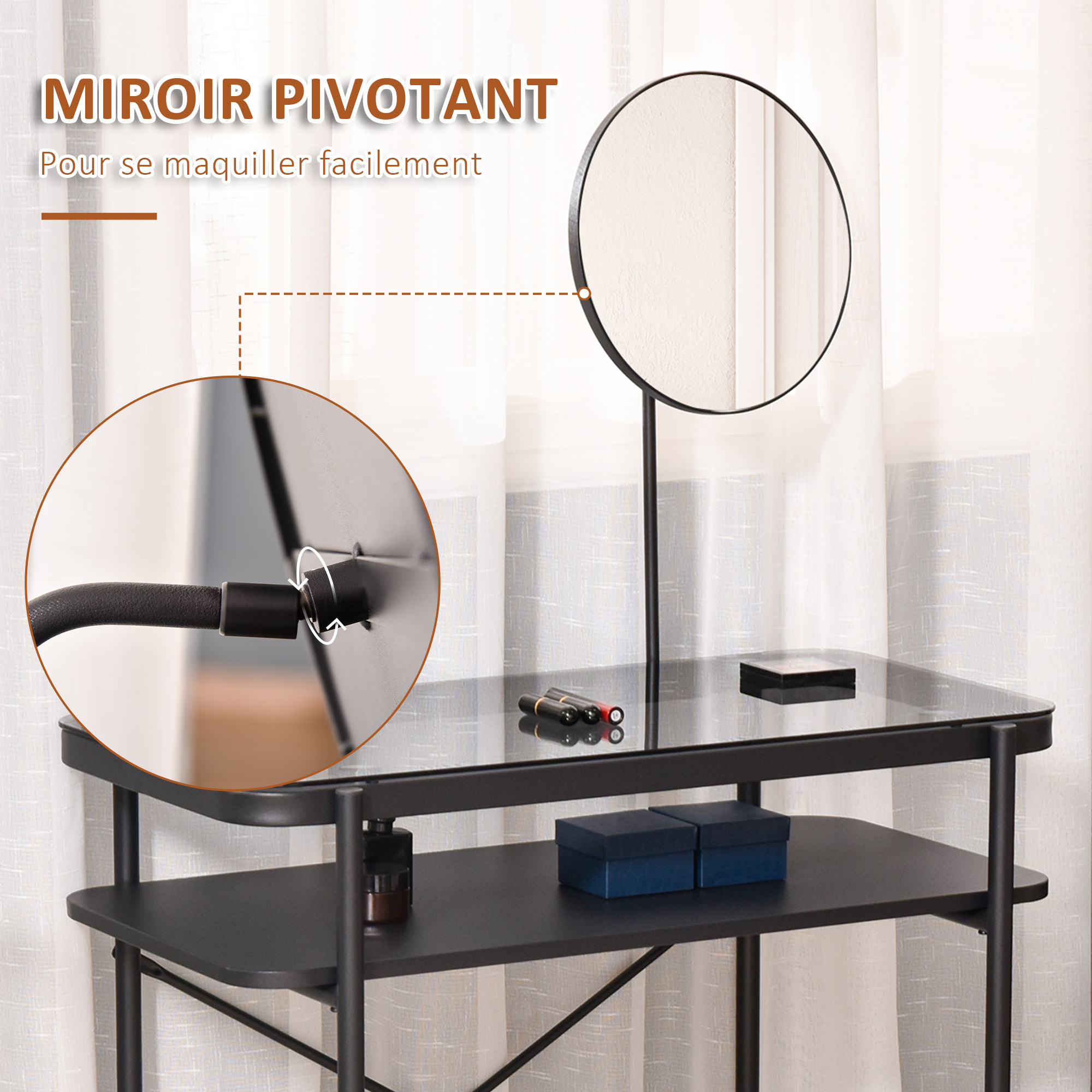 Coiffeuse design contemporain miroir pivotant métal verre noir