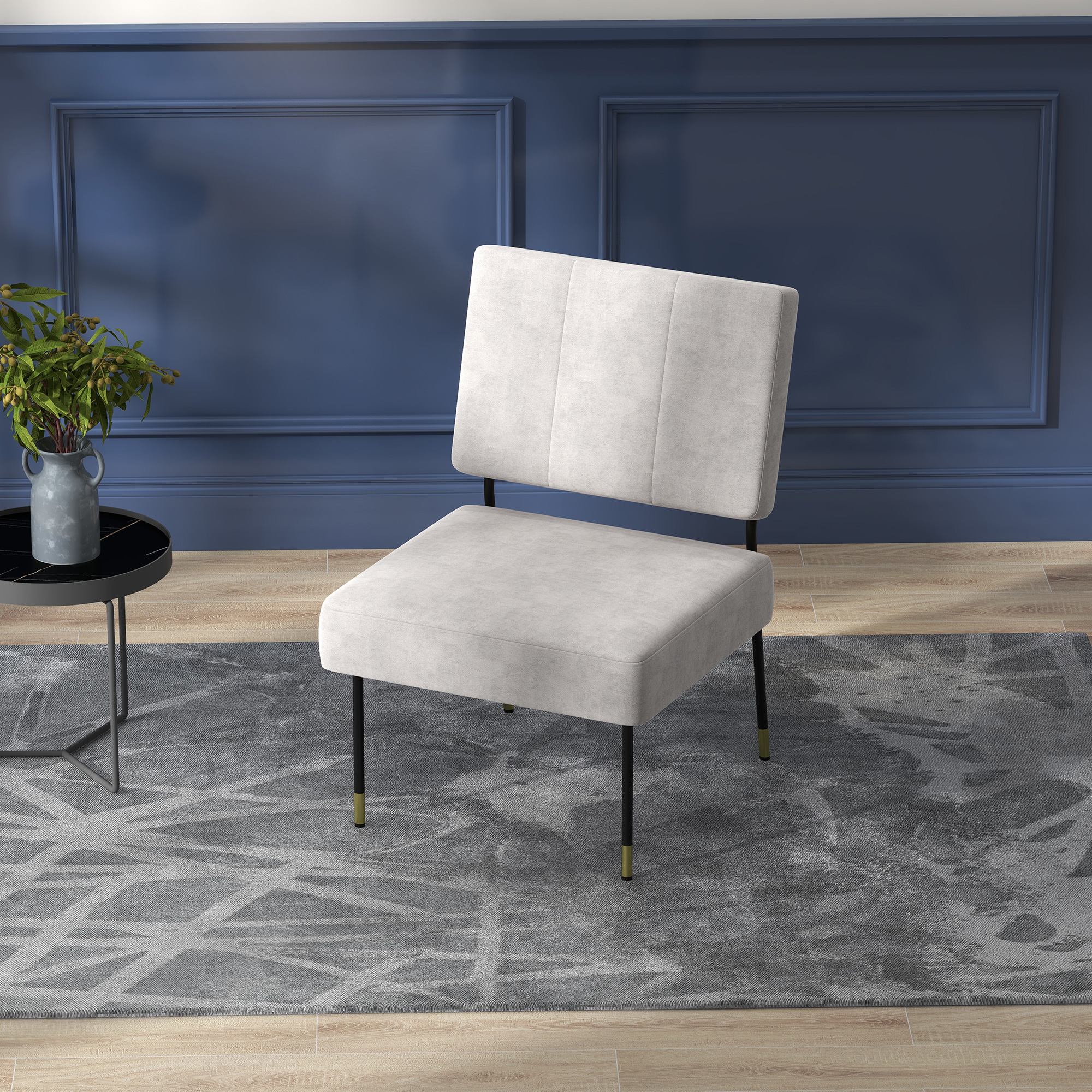 Fauteuil lounge design néo-rétro métal noir extrémité dorée velours gris clair