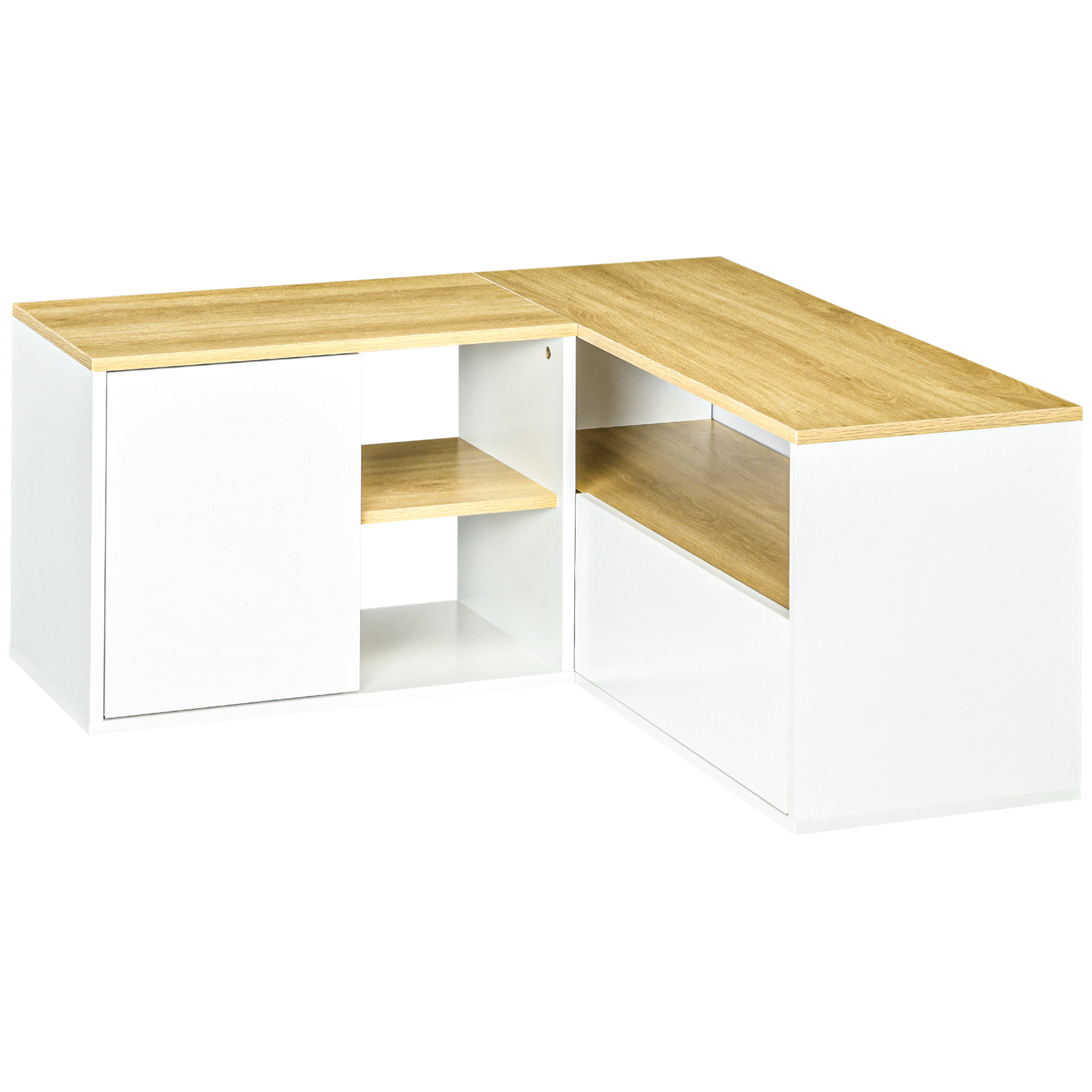 Meuble TV d’angle 2 portes 3 niches aspect bois chêne clair blanc