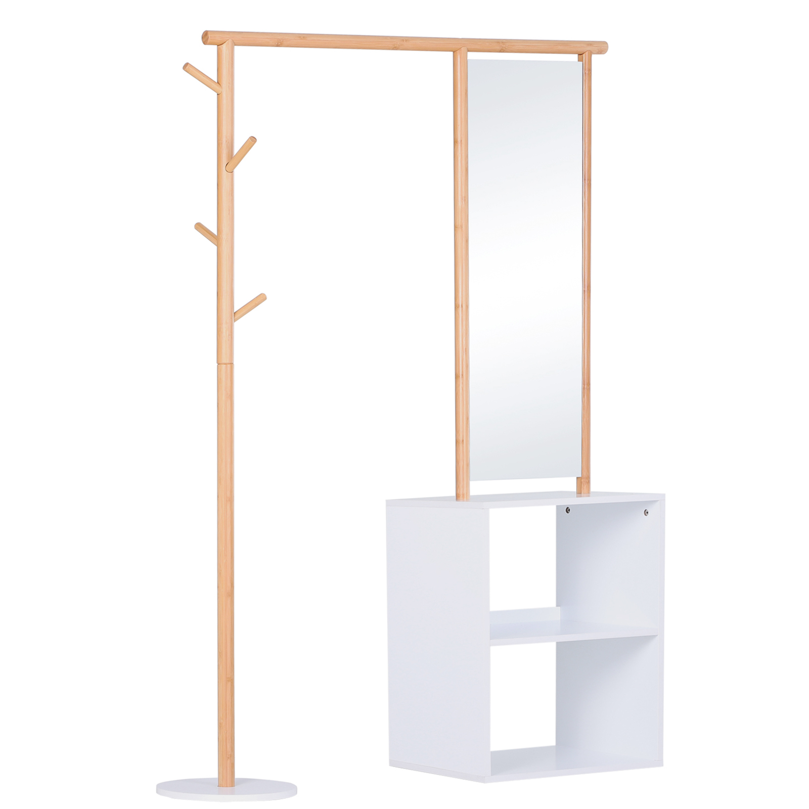 Porte-manteaux meuble d’entrée avec penderie + miroir MDF bambou