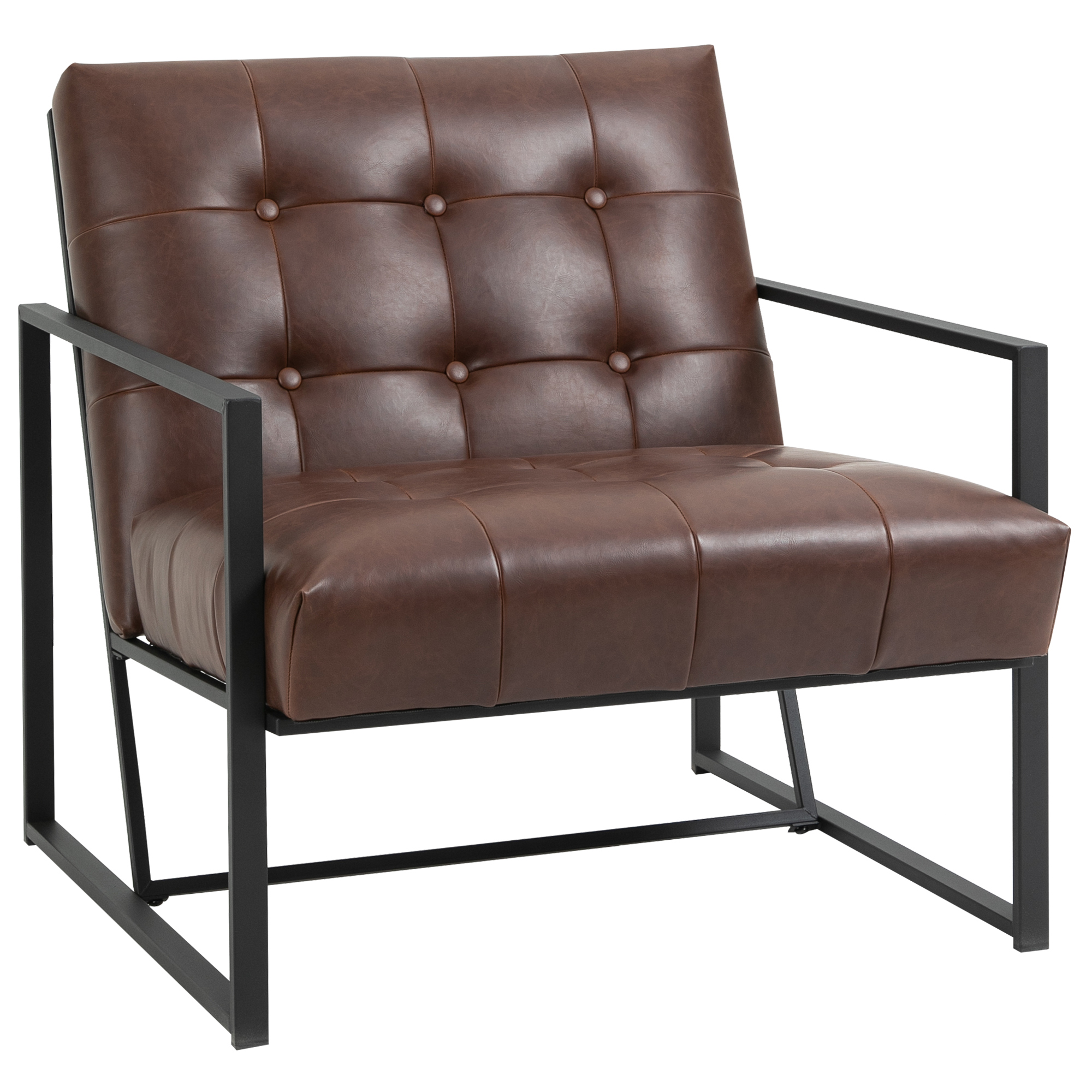 Fauteuil lounge Chesterfield capitonné métal noir PU chocolat