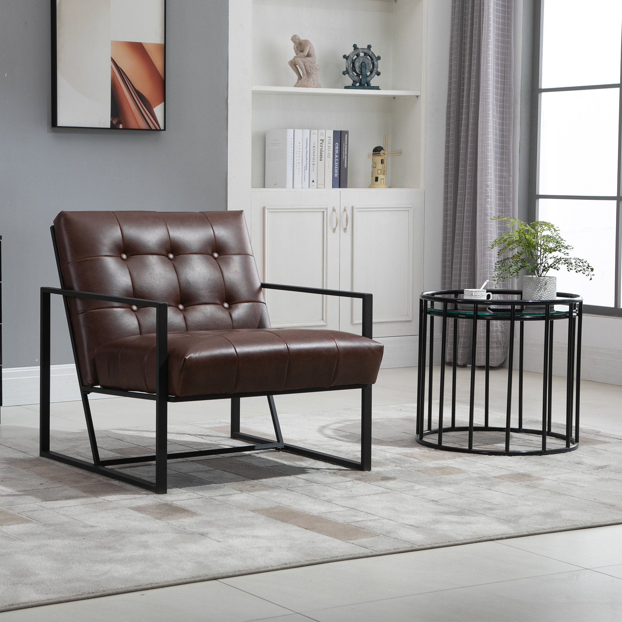 Fauteuil lounge Chesterfield capitonné métal noir PU chocolat