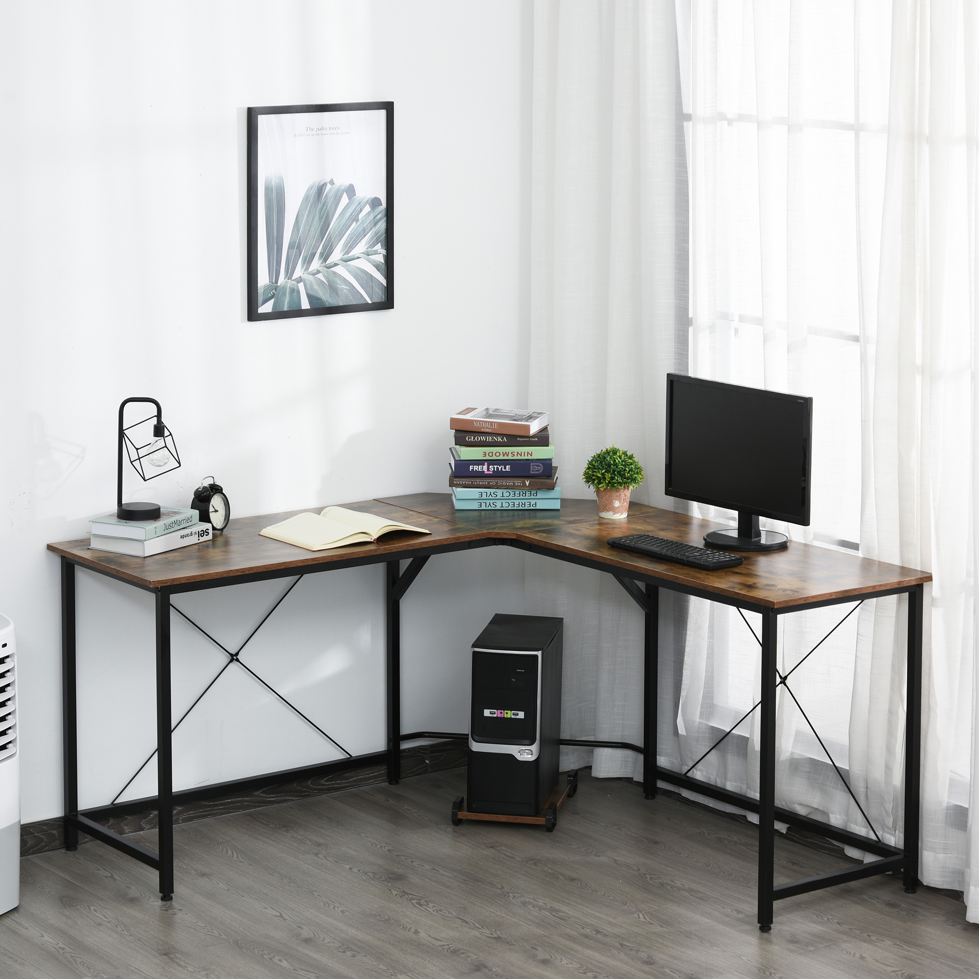 Bureau d’angle informatique design industriel aspect vieux bois métal noir