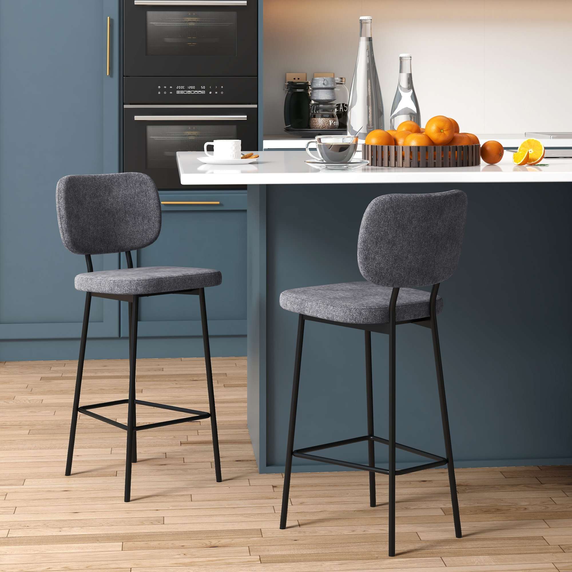 Lot de 2 tabourets de bar style néo-rétro piètement acier repose-pied tissu gris