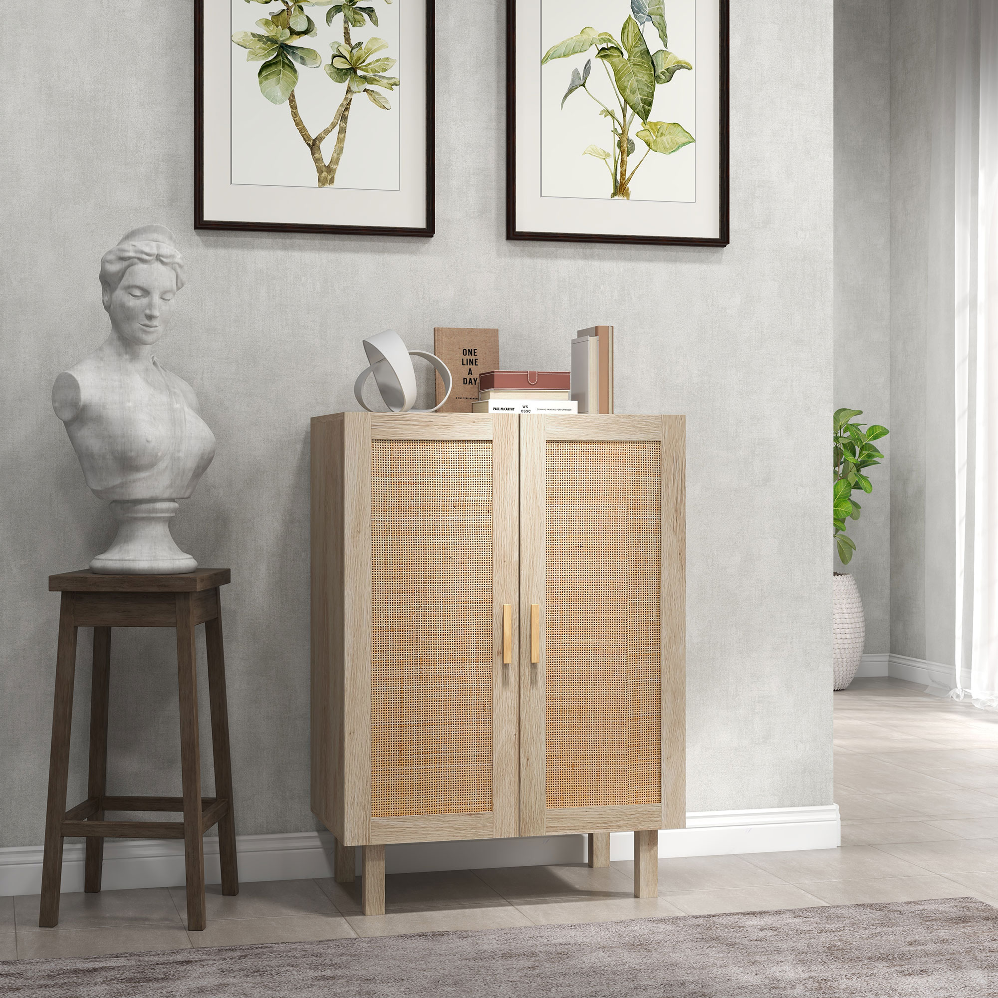 Buffet 2 portes 2 étagères style bohème aspect bois clair cannage rotin