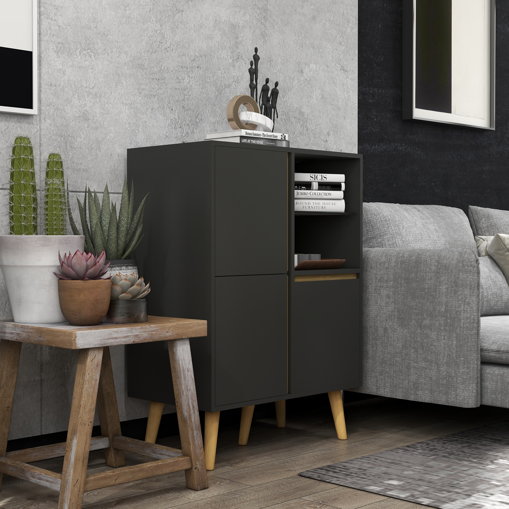 Meuble TV Hi-fi sur pied design scandinave aspect bois clair gris