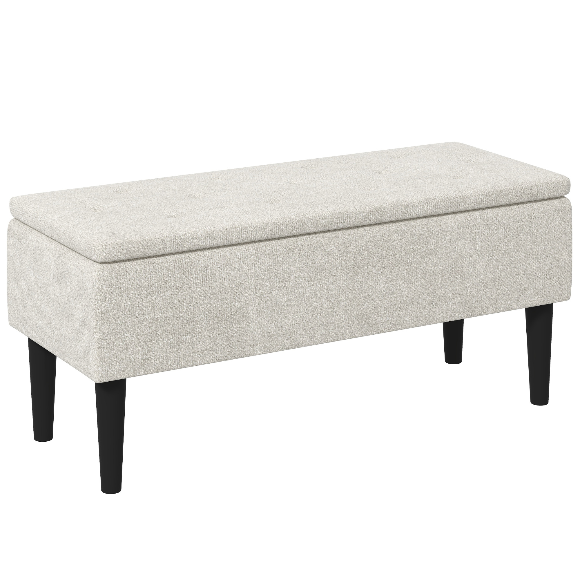 Banc coffre de rangement piètement bois noir tissu blanc cassé