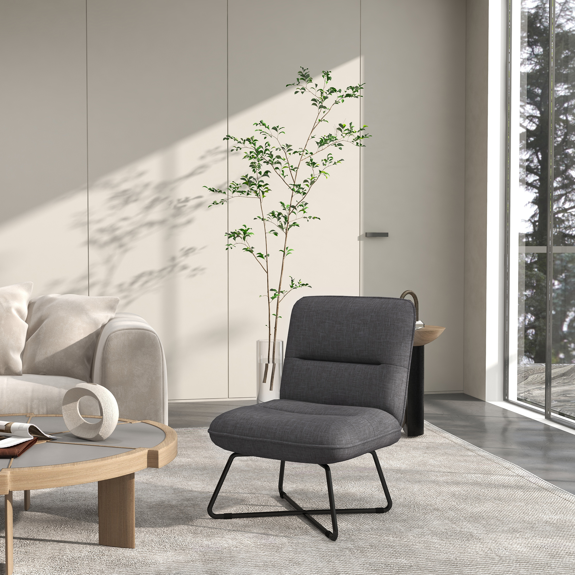 Fauteuil lounge style néo-rétro structure croisée acier noir tissu aspect lin gris